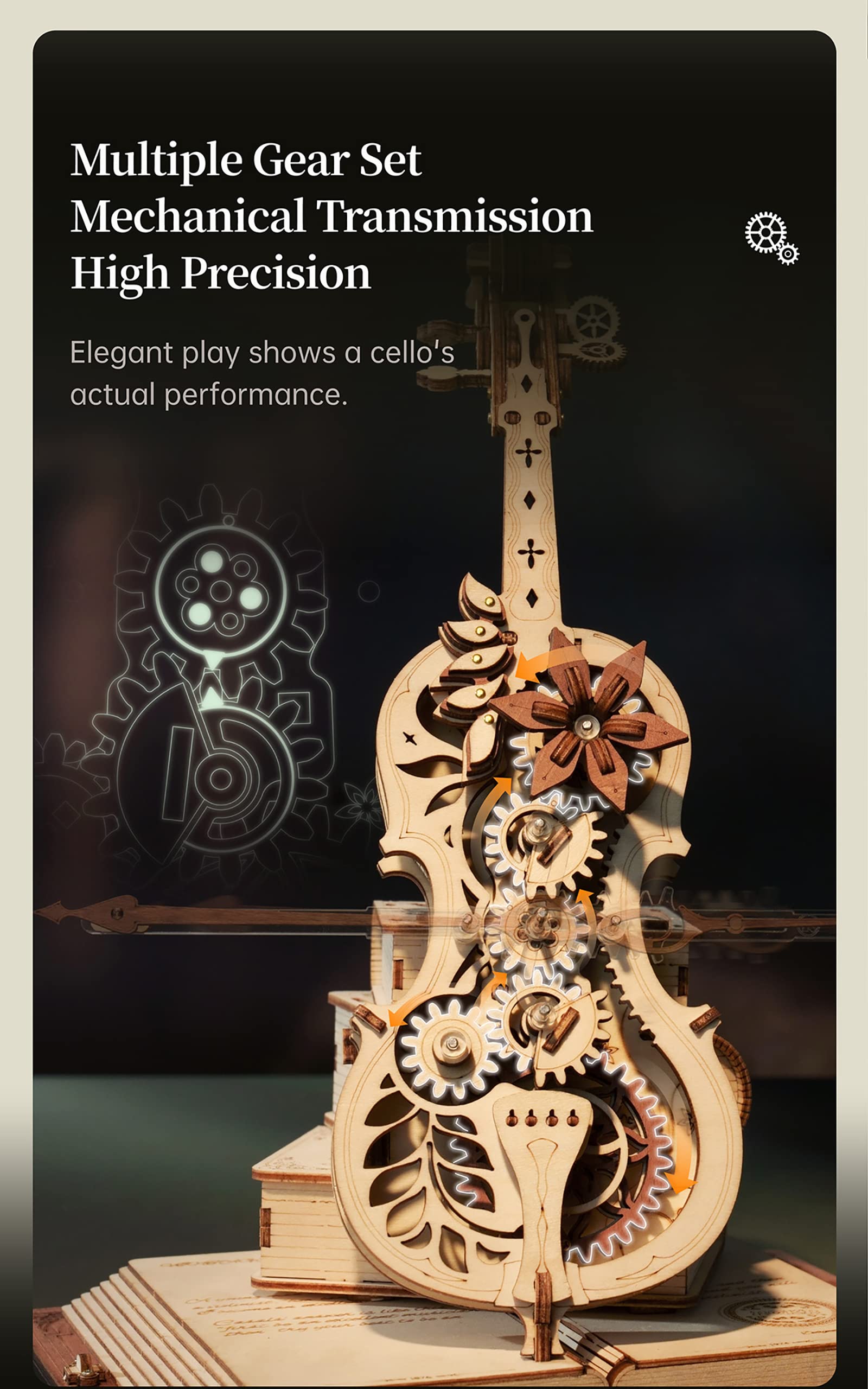 3D-Holzpuzzle, Mechanische Spieluhr Für Magisches Cello, Beweglicher Bogen, Der Die Echte Leistung des Cellos Simuliert, Interessantes Kreatives Spielzeug