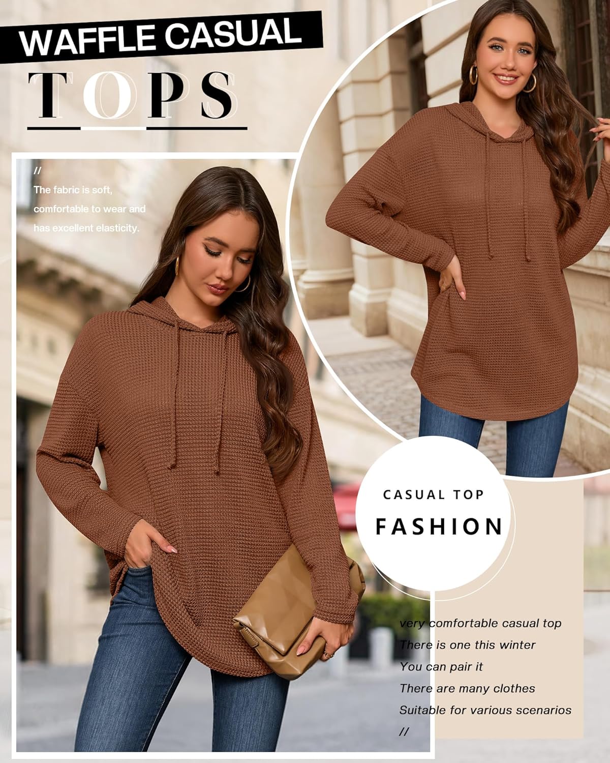 Oversized Hoodies for Women Waffle Knit Casual Long Sleeve Drawstring Pullover Sweatshirt Loose Fit Hooded Tops - Image 5