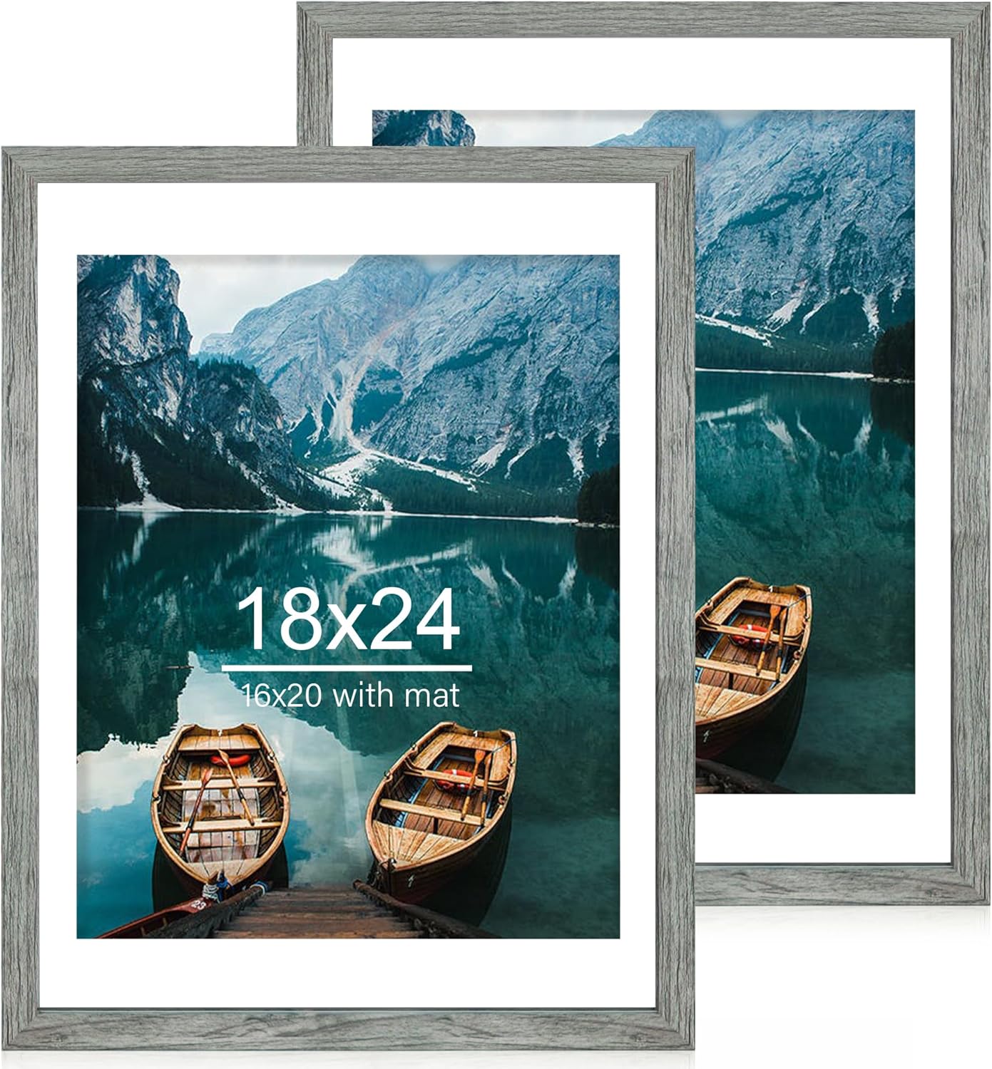 18x24 Frame Set of 2, Rustic Grey Wood Style - Display 18 x 24 Poster without Mat or 16x20 Picture with Mat, Wall Mounting Horizontal and Vertical Grey 18x24 in