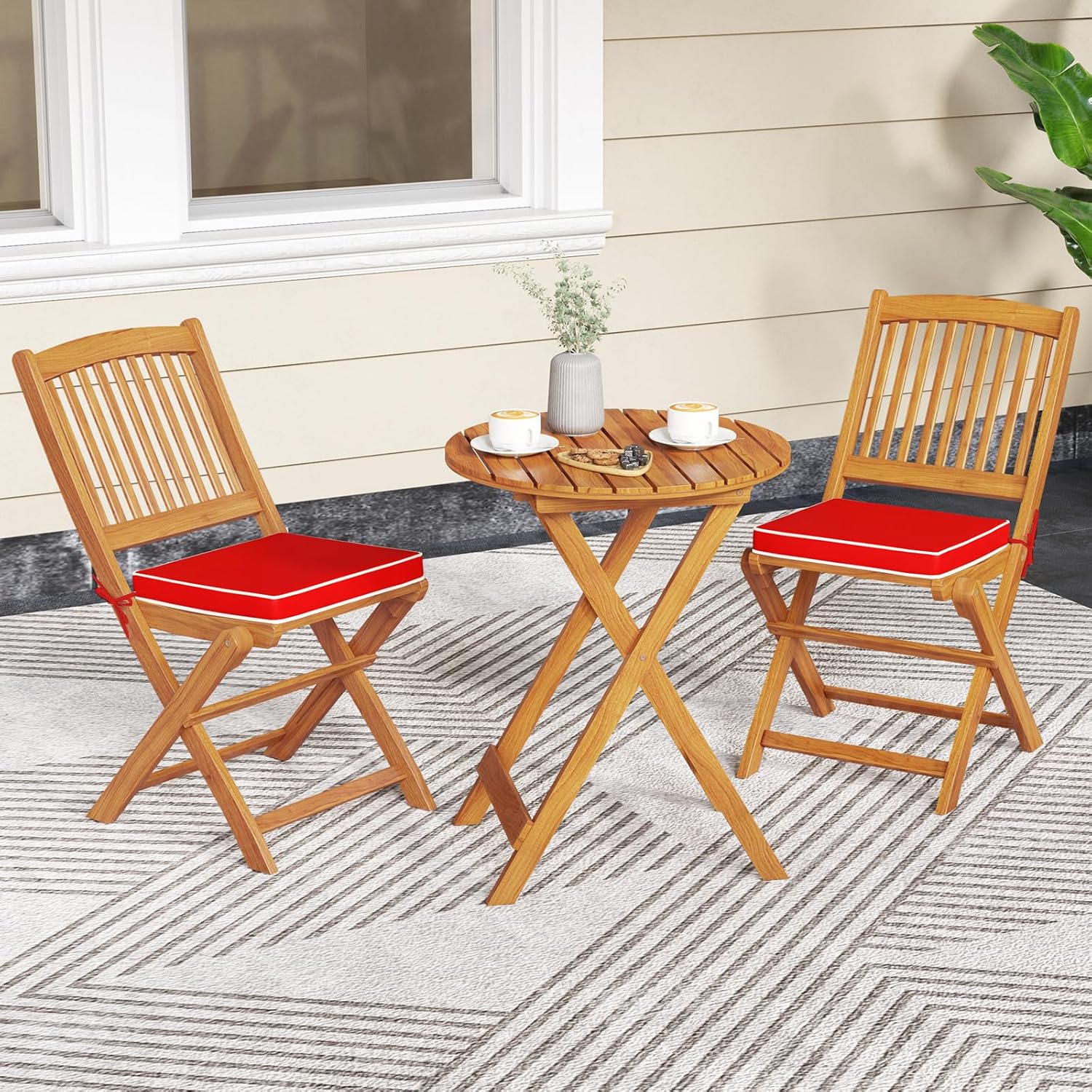 HAPPYGRILL Outdoor Folding Chairs Set of 4, Acacia Wood High-Back Chair w/Seat Cushions, Portable & Lightweight Patio Dining Chair w/Slatted Seat for Backyard, Camping, Red