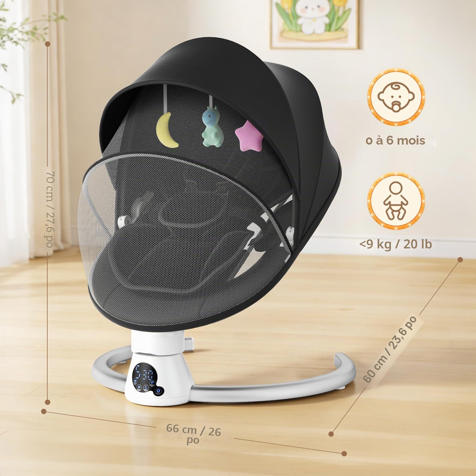 Transat Bébé Électrique avec Dossier Réglable sur 2 Niveaux – Application et Télécommande Balançoire Électrique pour Bébé, 12 Sons et Prise en Charge Bluetooth, 2 Options D'alimentation (Noir)