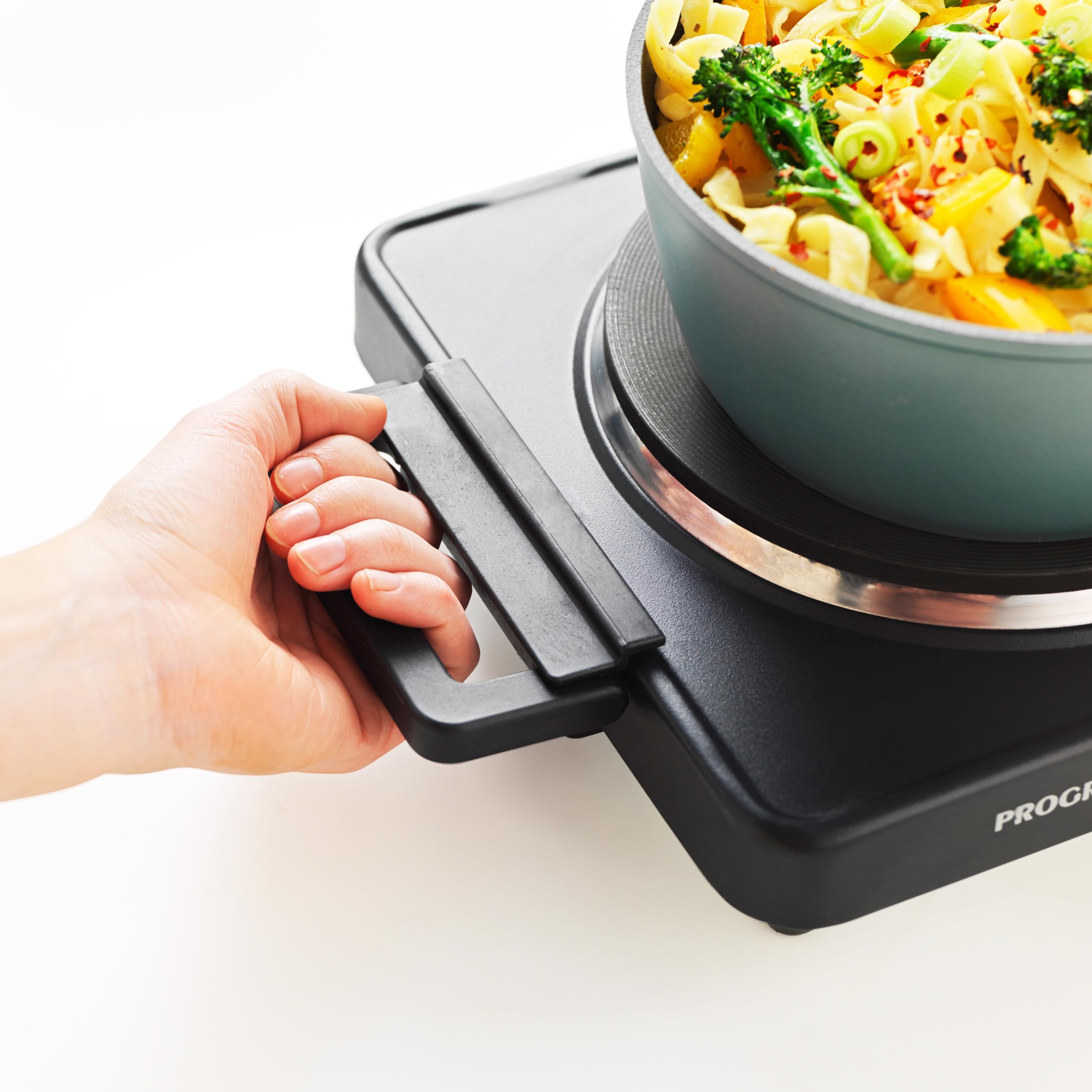 Progress Piastra Singola – Fornello Elettrico da 1500W con 5 Livelli di Calore, Piastra Portatile da 18,5 cm, Design Compatto Facile da Pulire e Piedini Antiscivolo, Ideale per Cucine Piccole