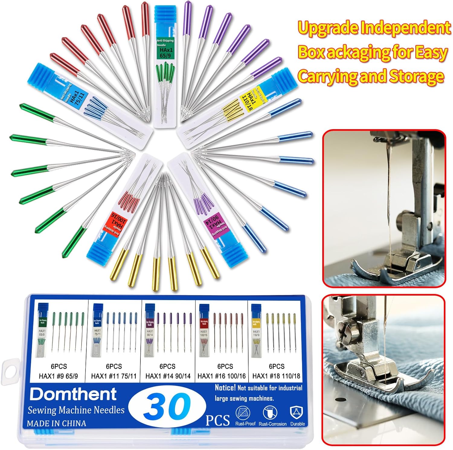Domthent 30pcs Sewing Machine Needles,Universal Regular Point Sewing Needles,Sewing Machine Accessories for Singer,Brother Sewing Machine,etc.,with Sizes HAX1 65/9,75/11,90/14,100/16,110/18 (30) - Image 5