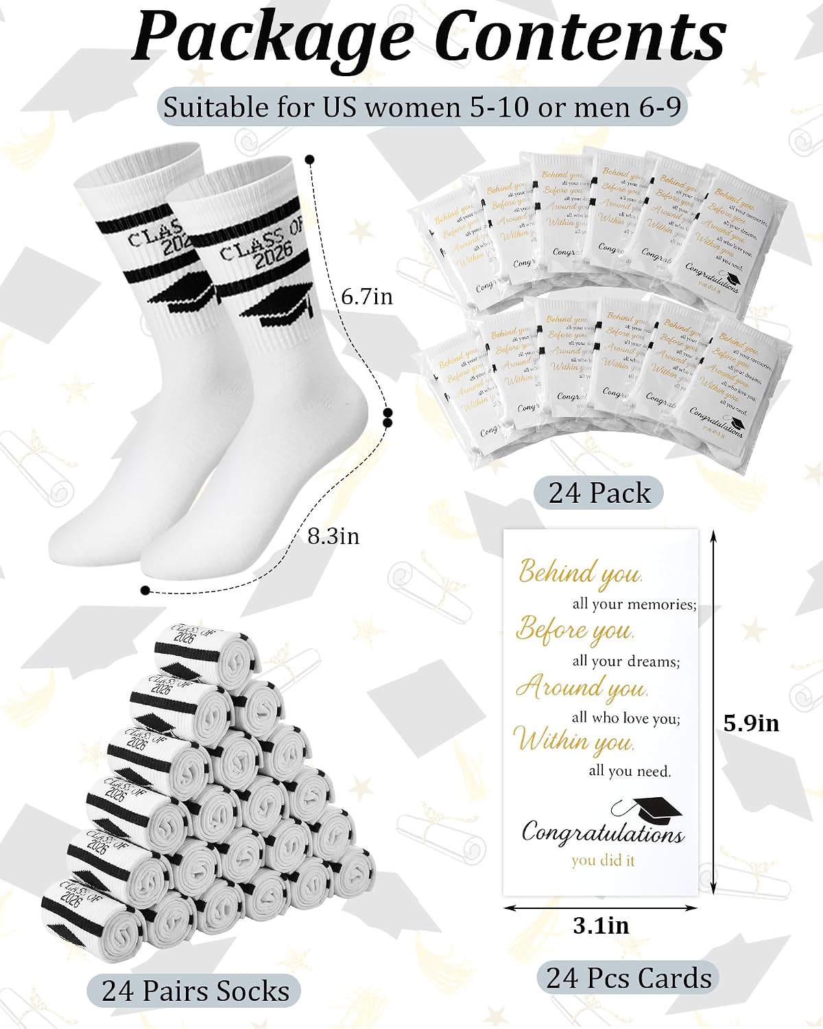 Eurzom 24 Set Graduation Socks for Class of 2026 Unisex Striped Crew Socks with Congratulation Cards College Graduation Gifts for Him or Her