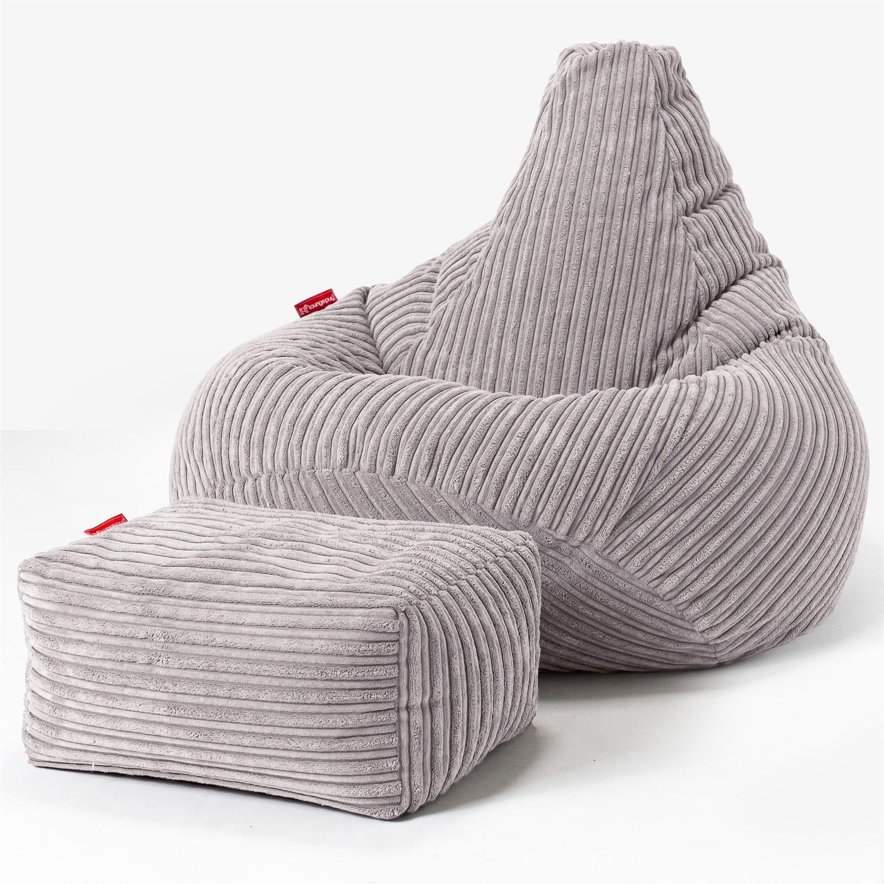 Lounge Pug Cord Highback Bean Bag Chair and Footstool - Gaming Recliner Bean Bags for Adults - Silver Grey