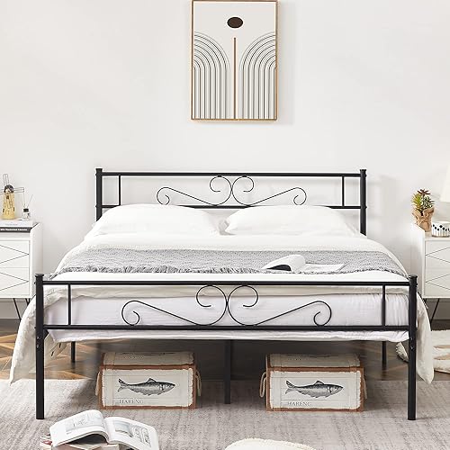 VECELO Bed Frame/Mattress Foundation with Vintage Headboard & Footboard, Easy Assembly, Queen, Black