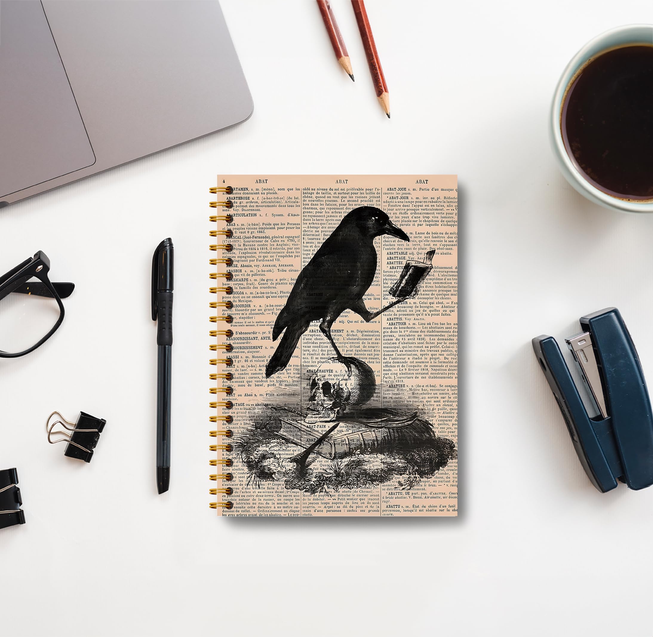 Guymn Cuaderno gótico de cuervo de calavera – Diario gótico, diario genial, cuaderno de bruja, material de bruja, suministros de oficina góticos, cuaderno de Halloween, cuaderno de espiral de 5.5 x