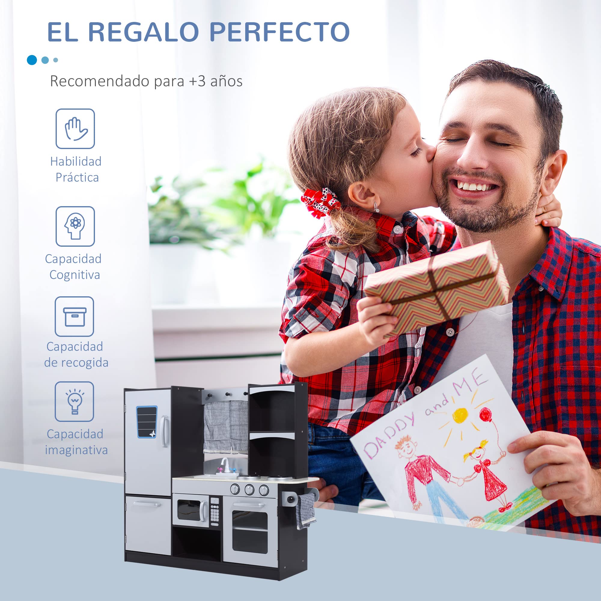 HOMCOM Conina de Juguete con Accesorios 105x31,5x95 cm Plata/Marrón Oscuro | Madera Grande, Niños +3 Años, Cocina Infantil Juguete, Encimera, Juego Imitación, Horno, Microondas, Fregadero