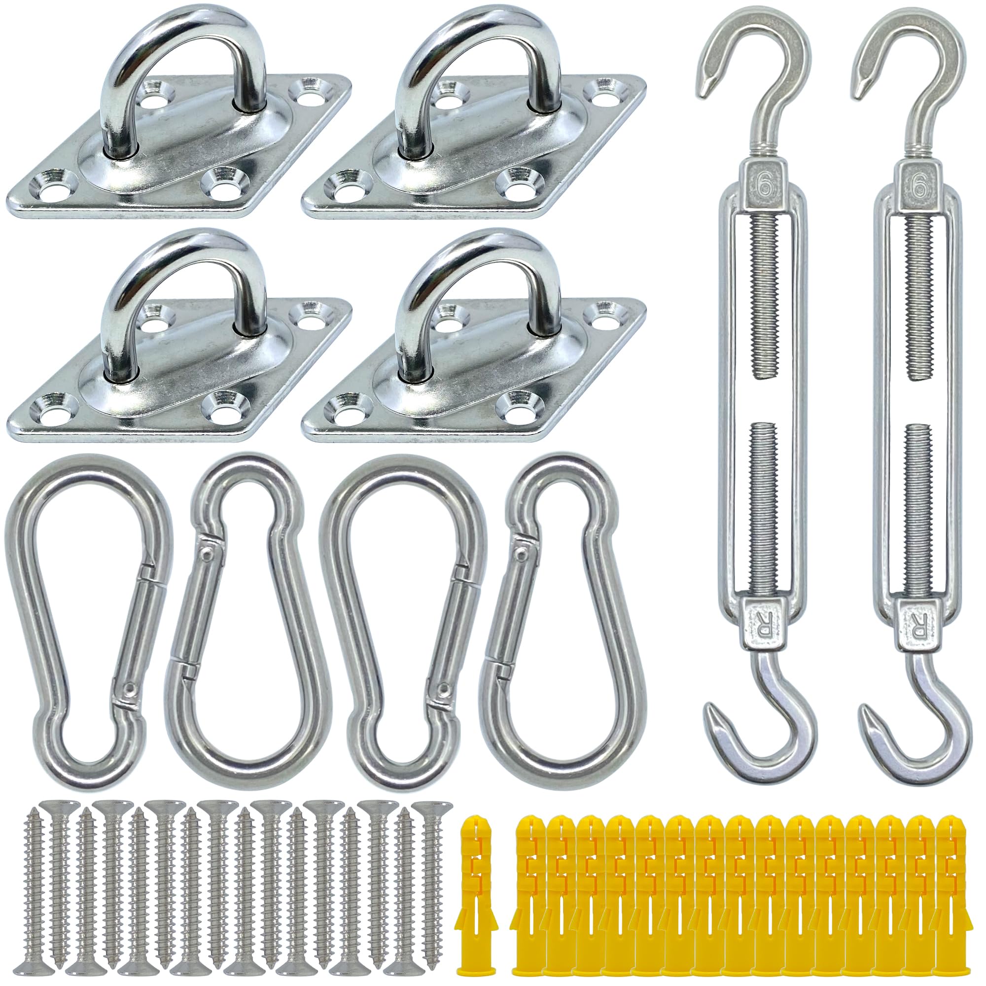 TERMATH 6 Inches Shade Sail Hardware Kit, 4PCS Stainless Steel 3.13 Inches Pad Eye Plate U Hooks, 4PCS Stainless Steel Snap Hooks, 2PCS 6 Inches Adjustable Turnbuckles