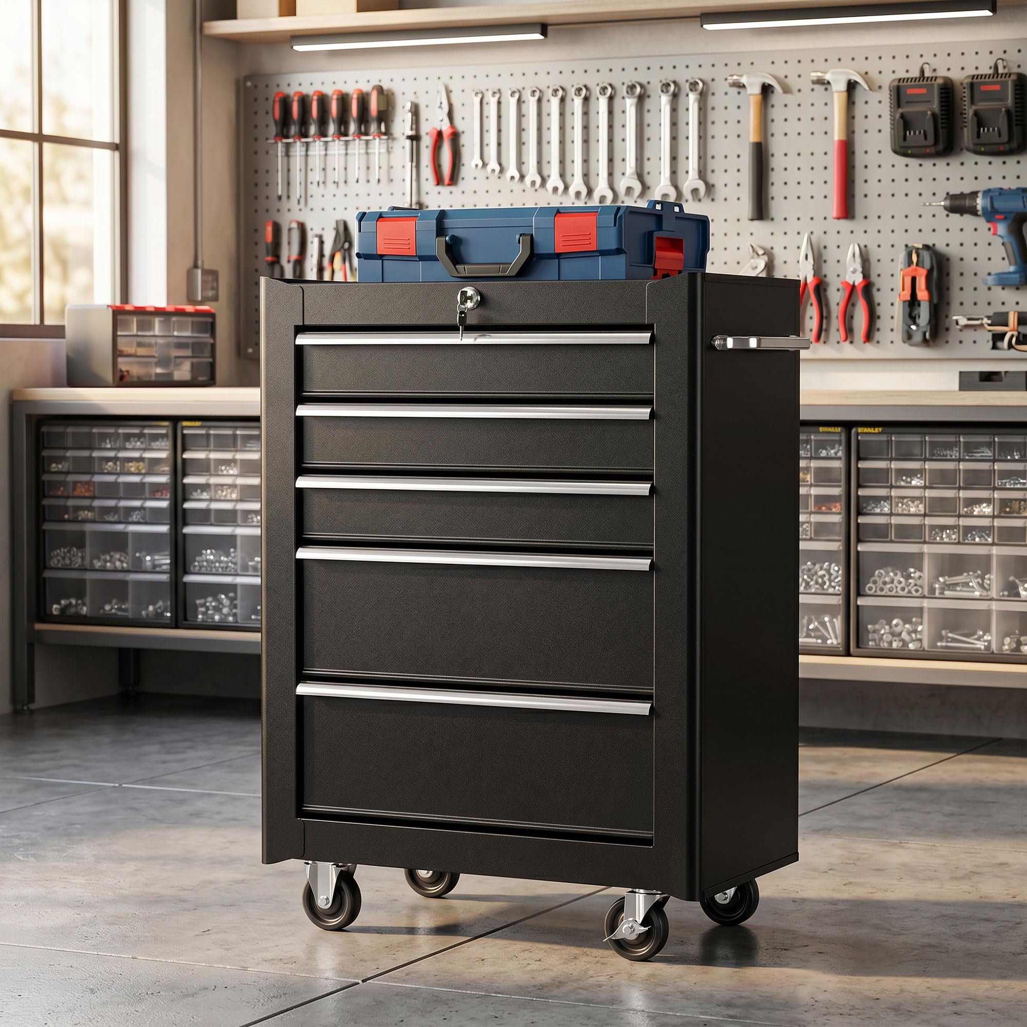 HOMCOM Servante d'Atelier Vide en Acier 5 Tiroirs sur Roulettes Noir | Chariot à Outils, Verrouillable 2 Clés, Tapis EVA Antidérapant, Caisse à Outils Pour Atelier, Garage