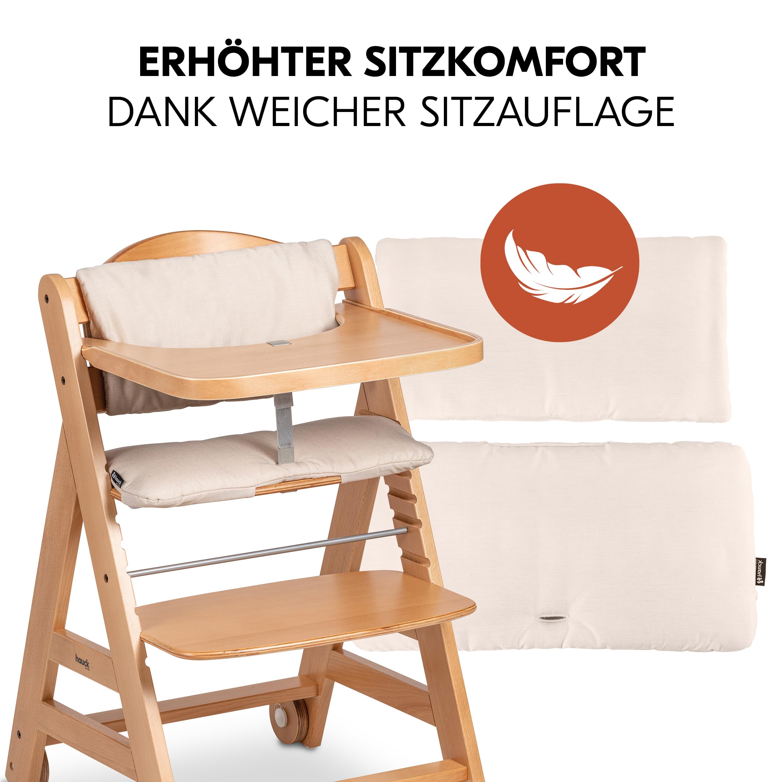 hauck Beta+ Hochstuhl Newborn Set mit Eco Bouncer - Natural | Mitwachsender Holz Kinderhochstuhl mit Rollen ab Geburt bis 90 kg | inkl. Neugeborenenaufsatz, Essbrett & Sitzkissen