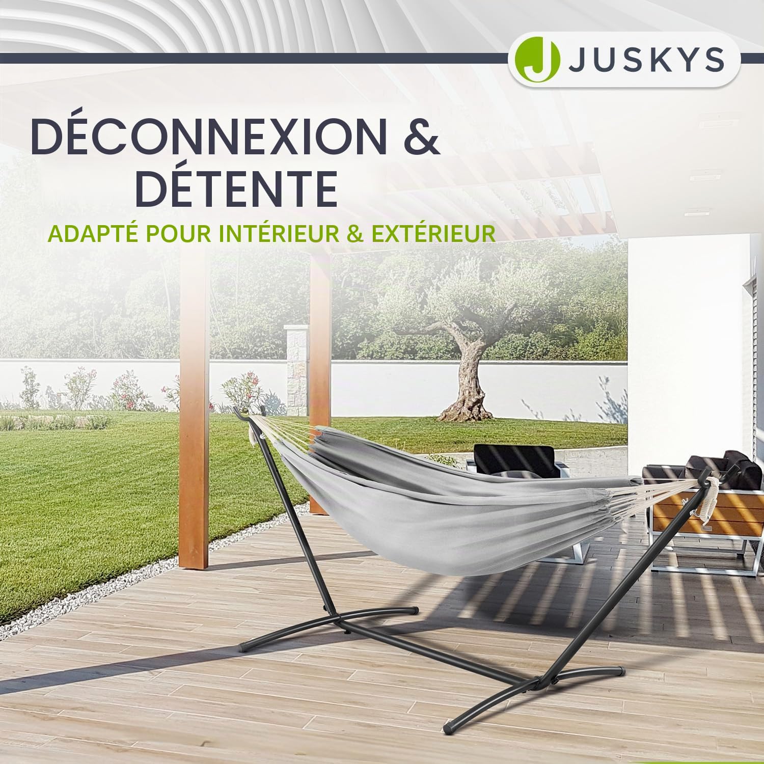 Hamac Paya de Juskys avec châssis - hamac Double d'extérieur, pour 2 Personnes - supporte jusqu'à 200 kg - hamac Double d'intérieur - Gris Clair