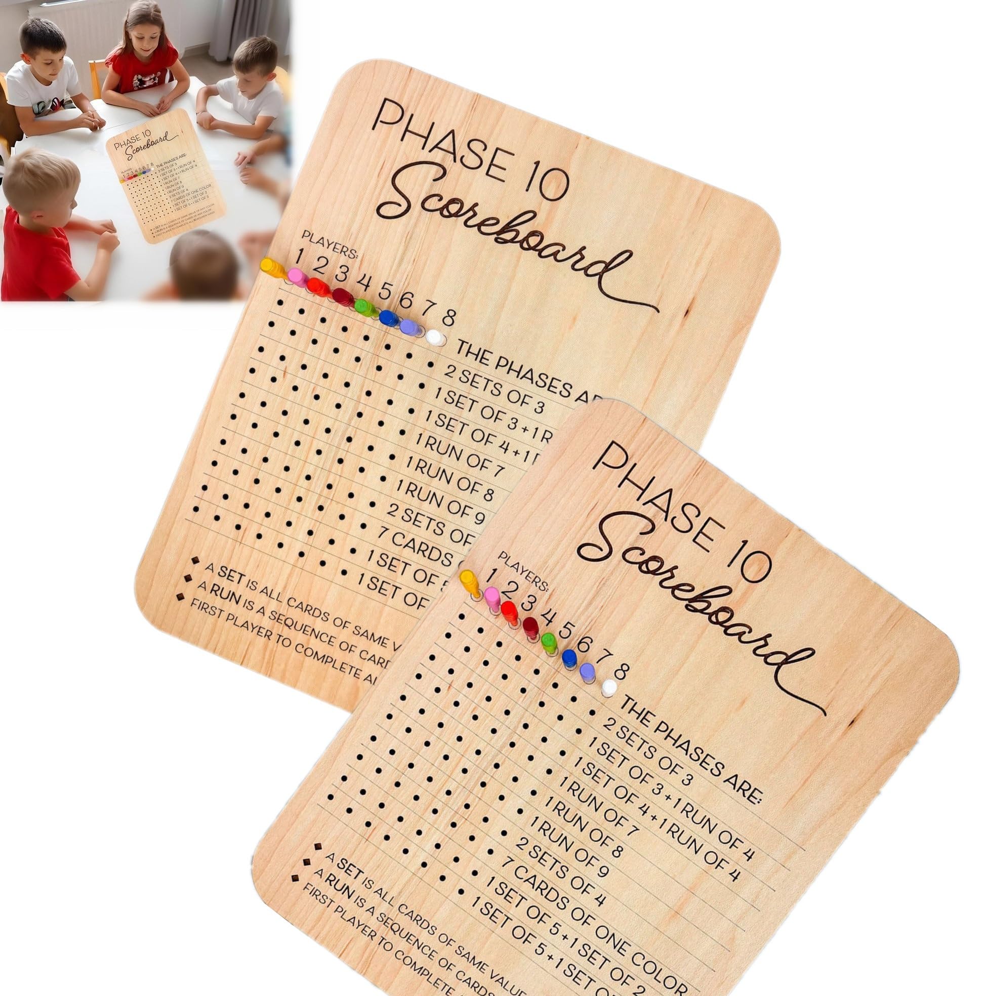Phase 10 Score Board，2025 New Wooden Phase 10 Scoreboard and Round Tracker with 8 Colored Pegs, Phase 10 Flip Card Holiday Family Adults Bboard Game