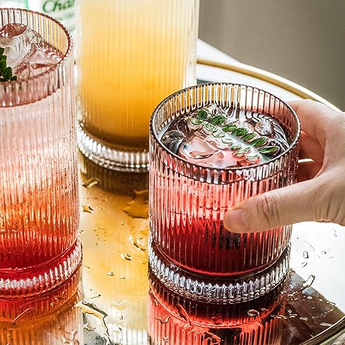 Miniatura 3 de Juego de vasos de vidrio acanalado, juego de cristalería vintage de 13 onzas, 4 piezas de cristalería premium, elegante juego de cristalería mixta,