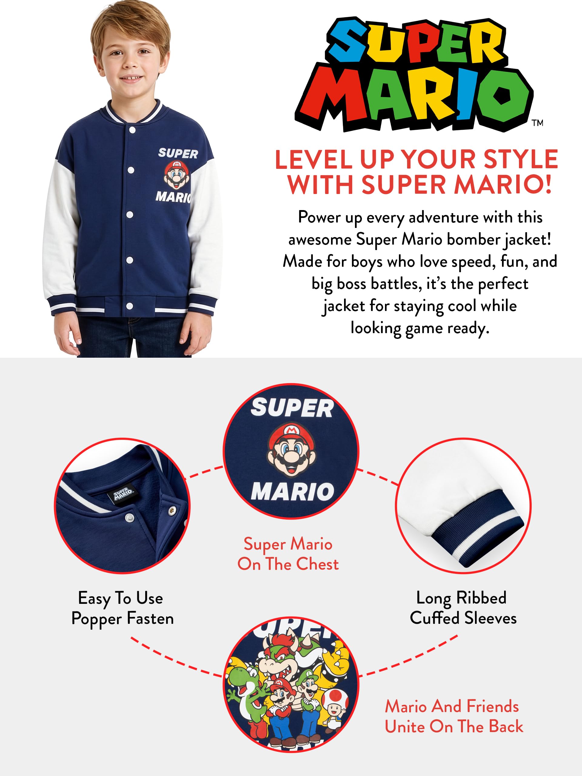 Super Mario Blouson Bombardier pour Garçon, blouson garçon avec Mario, Luigi, Bowser et Yoshi, veste enfant garcon