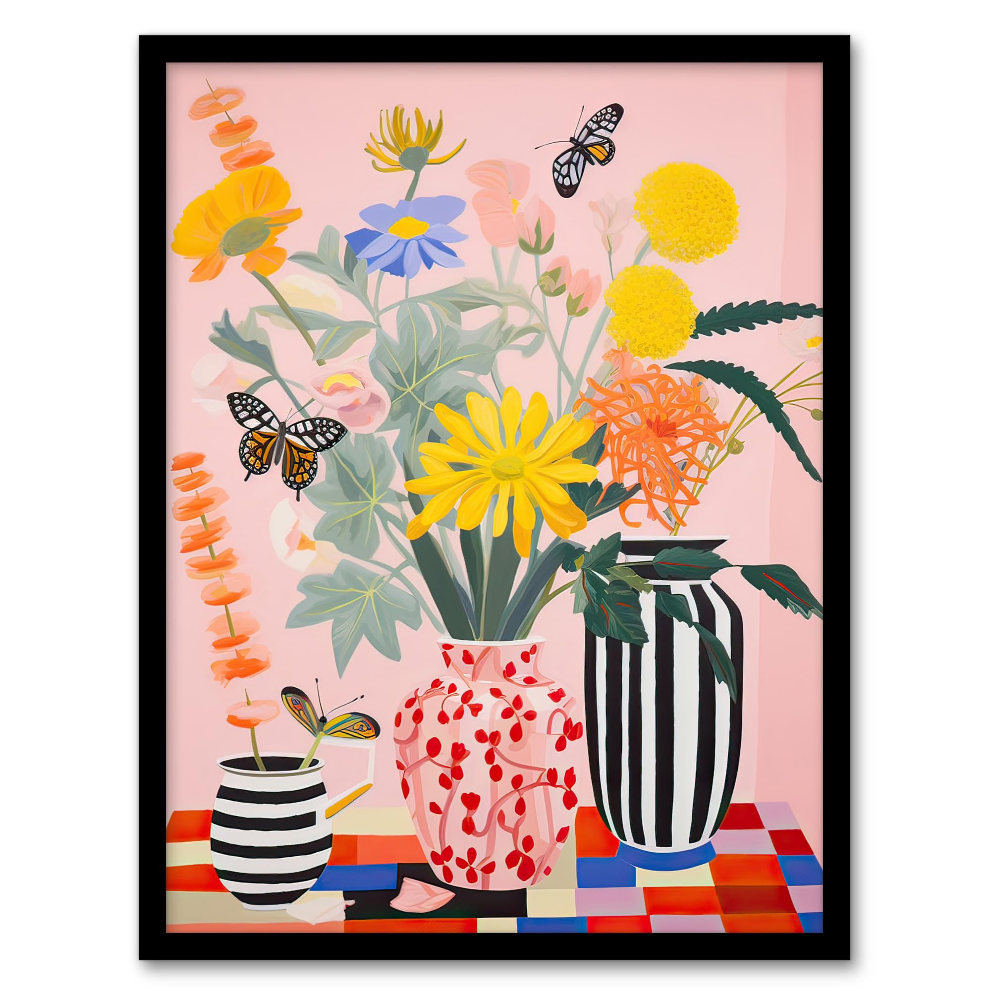Artery8 Butterflies and Spring Wildflowers in Ceramic Vases Oil Painting Bright Colourful Bouquets Artwork Framed Wall Art Print A4