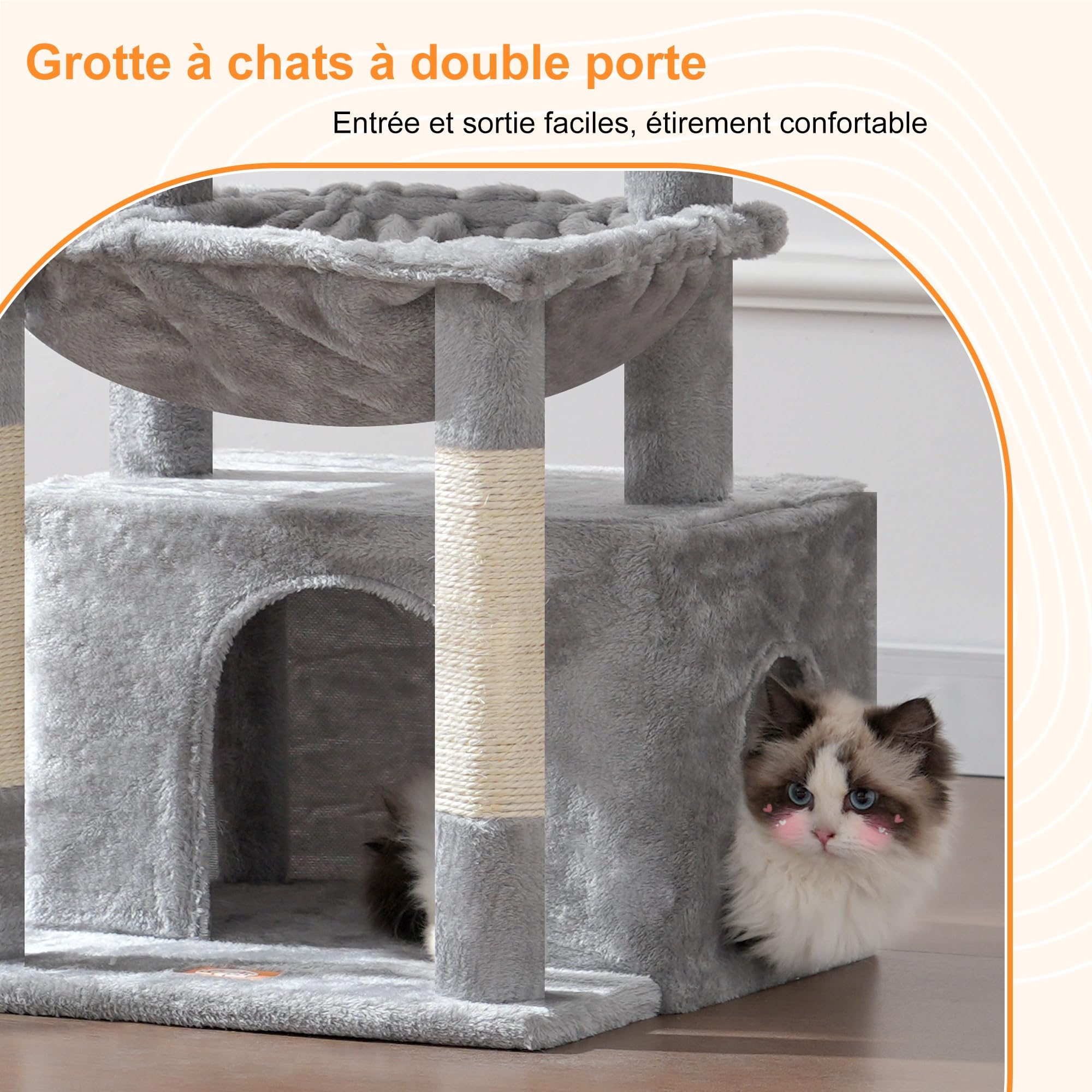 Heybly Arbre À Chat, Arbre À Chat avec Très Grand Panier pour Matou, Bois À Matou avec Lit Spacieux pour Matou Et Couchette Cachée, et Balle en Peluche, Gris Clair HCT008SW