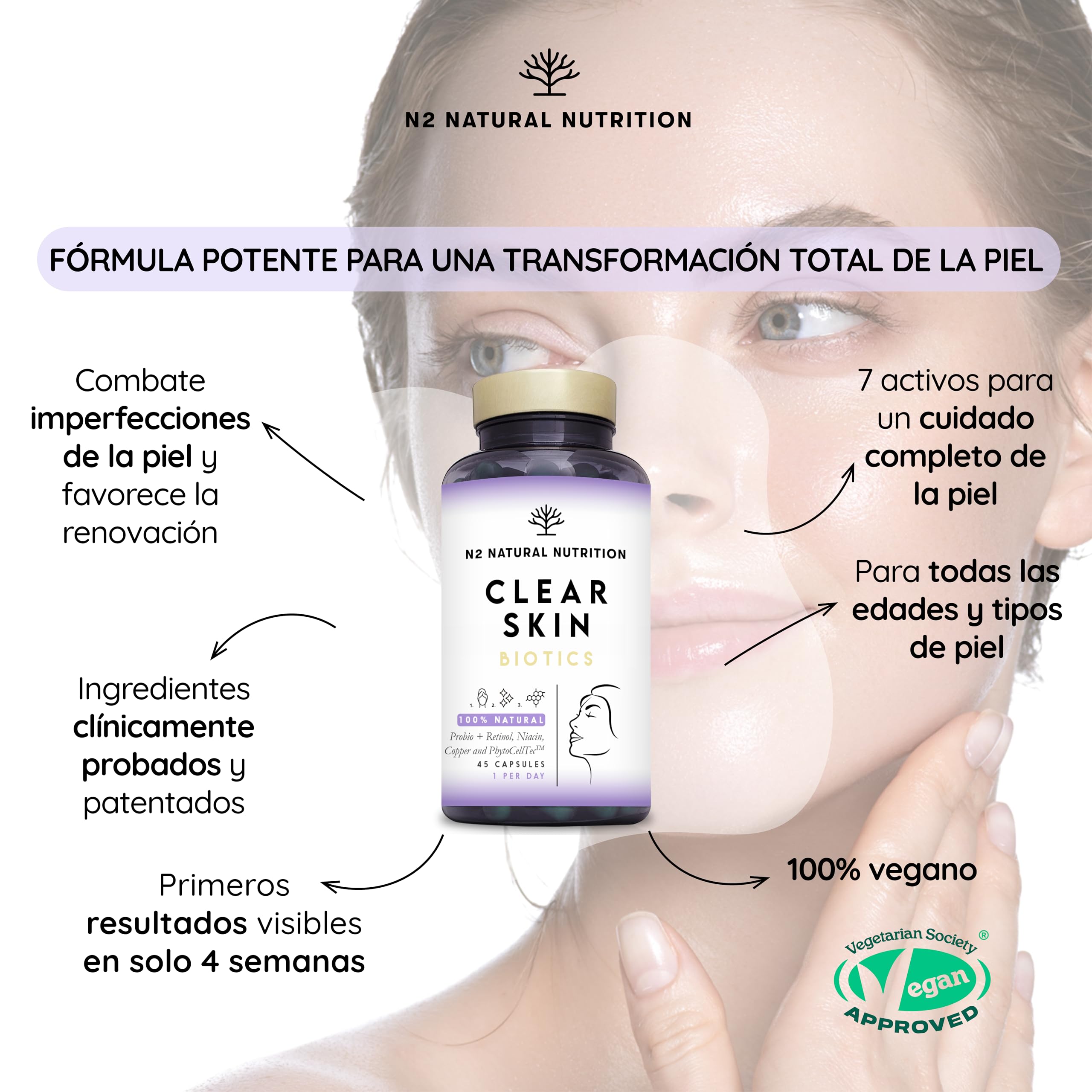Tratamiento Natural Corrector Anti Acne, Reduce Manchas e Imperfecciones. Mejora Elasticidad, Firmeza y Luminosidad de la piel. Skincare. Zinc y Vitaminas. Probióticos con PhytoCellTec™ . CE
