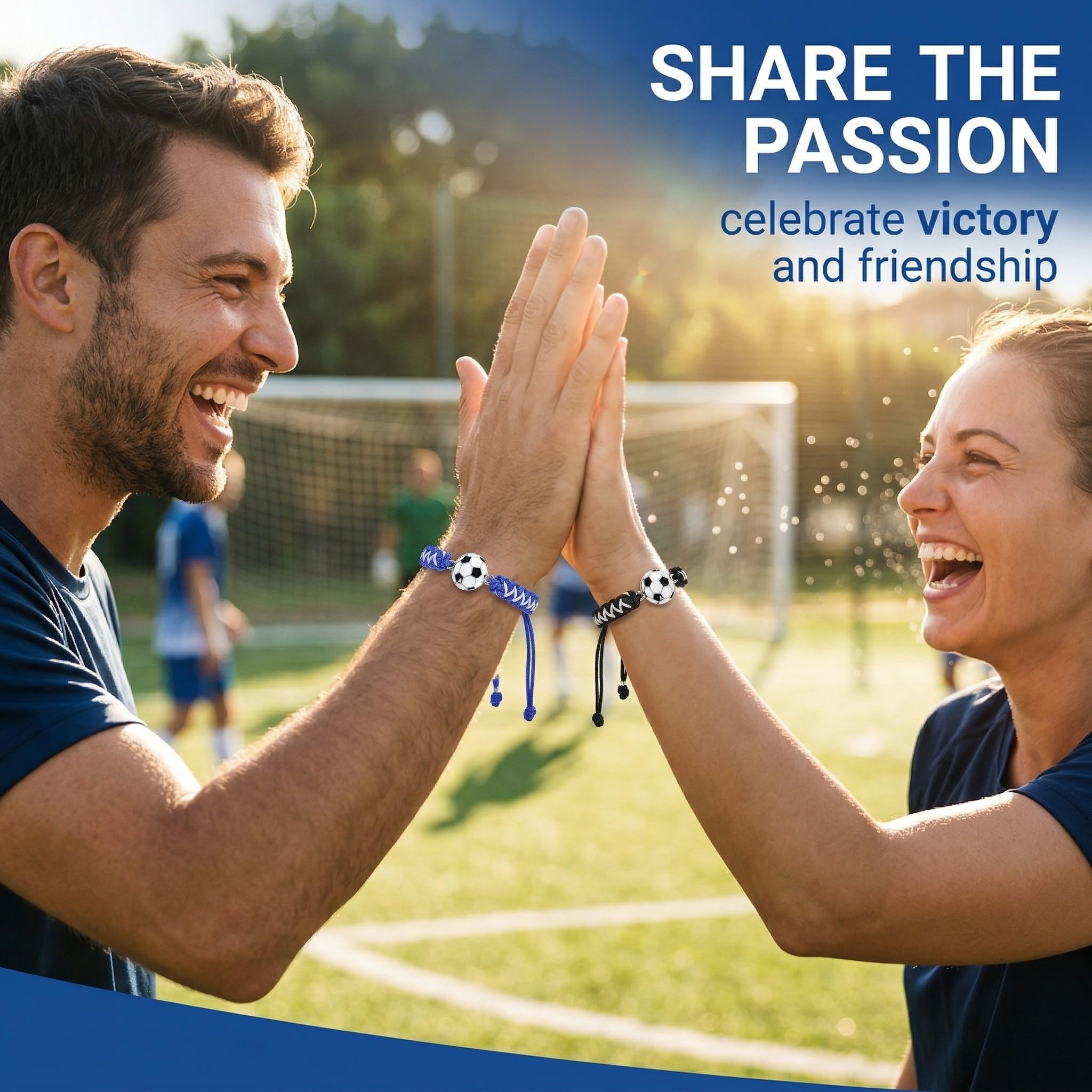 Lot de 2 Bracelets Football Tressés pour Garçon et Enfant, Bracelet d'Amitié Sport Ajustable (14-28cm), Idée Cadeau Anniversaire Footballeur et Supporter, Noir/Blanc et Bleu/Blanc