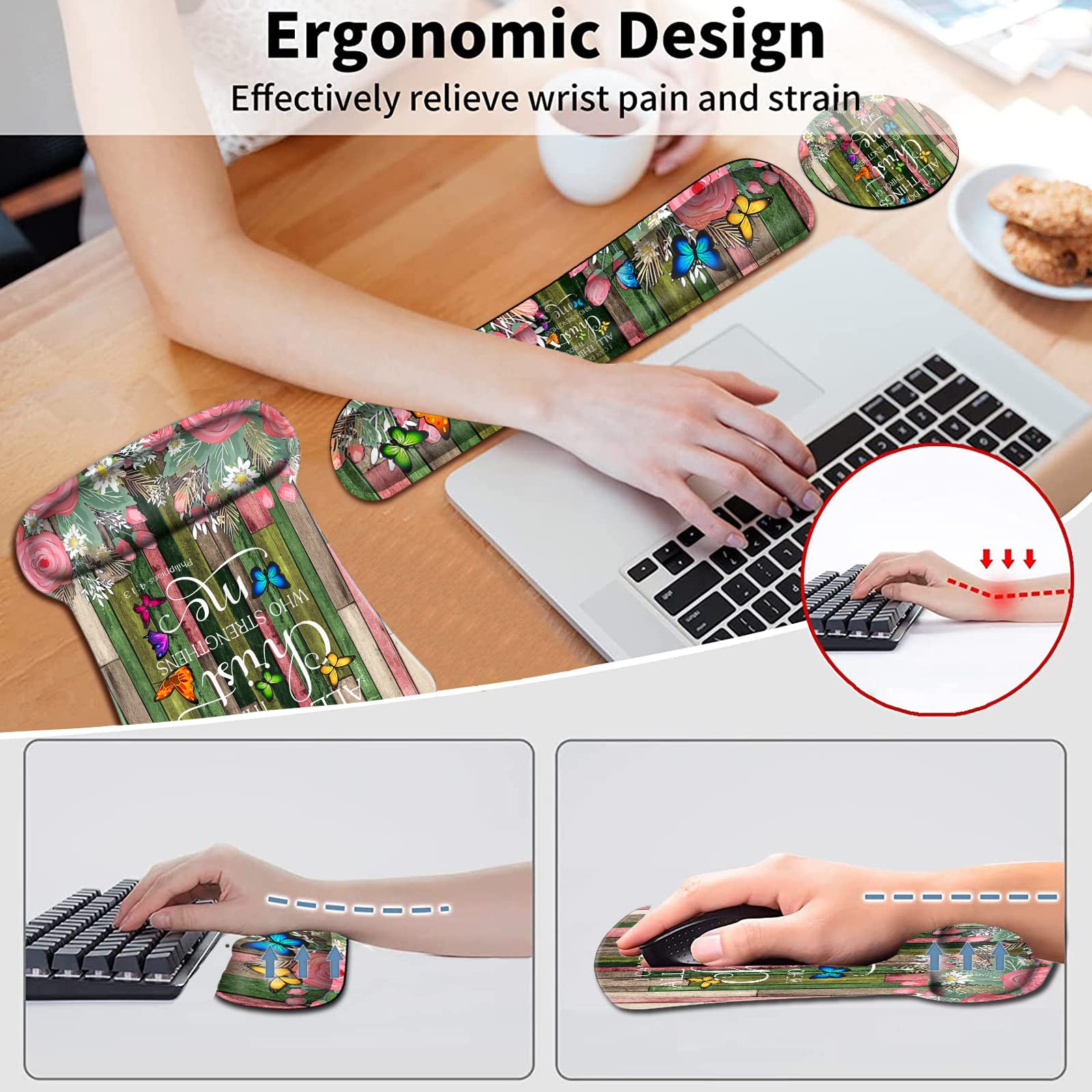 Mouse Pads for Wireless with Wrist Support,Non-Slip Rubber Base, Philippians 4-13 Butterfly Wooden Board Flower,for Home Office Gaming Working Computers, Ergonomic Memory Foam Keyboard Wrist Rest Set