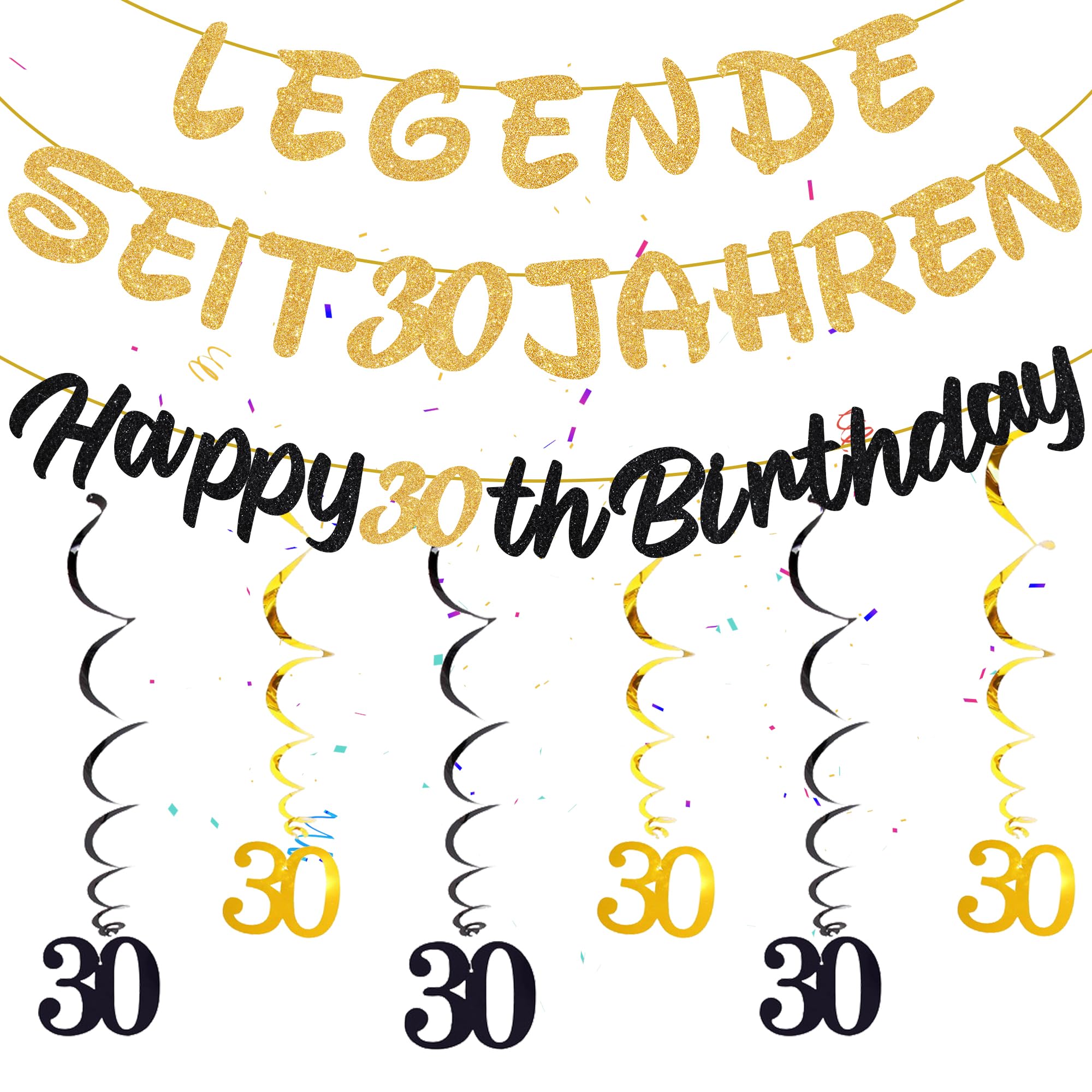 Girlande Geburtstag Mädchen Junge - 42 Stücke Geburtstagsdeko Banner, Schwarz Gold Dekorationen Spiralen Hängedeko Happy Birthday Hängende für Kinder Party