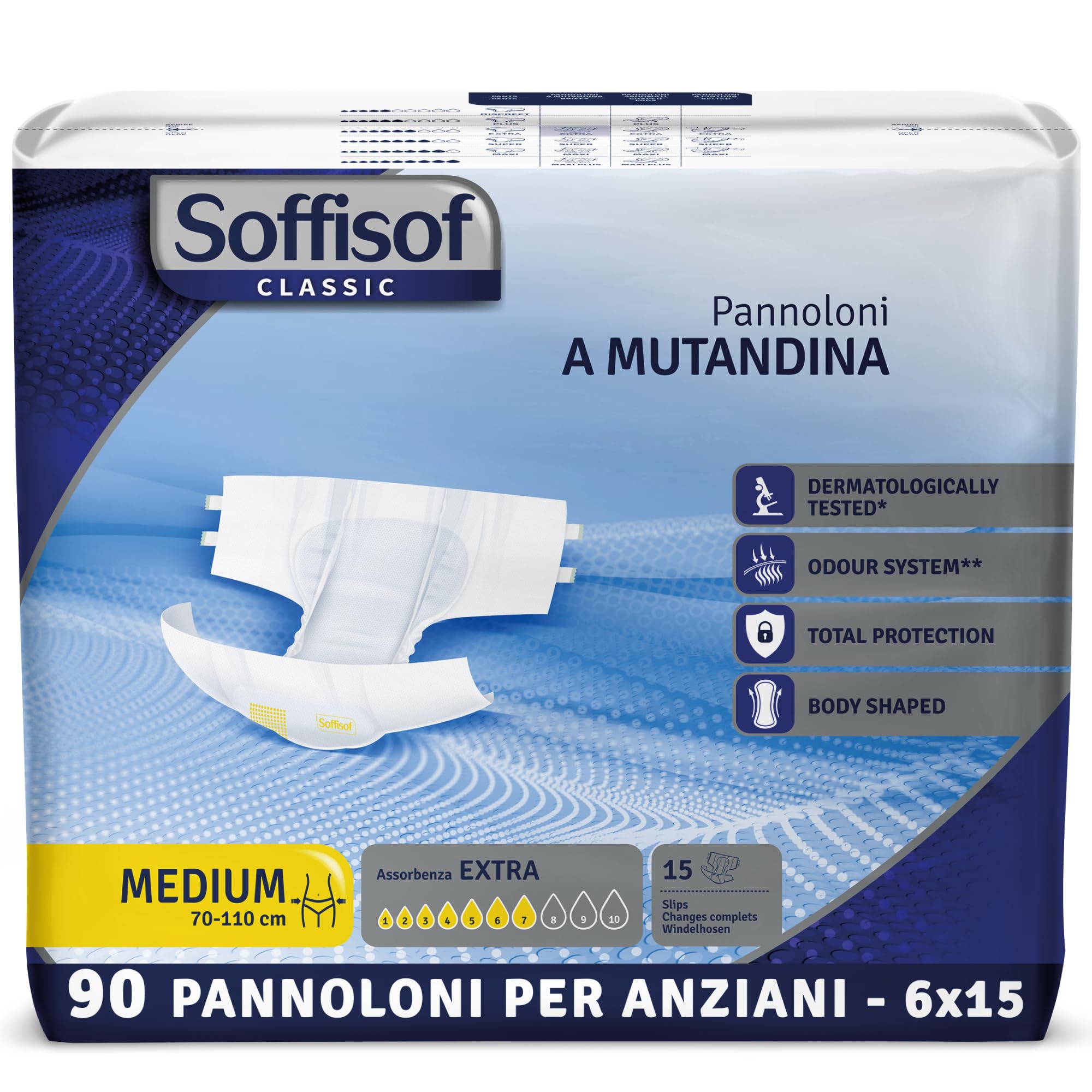 Soffisof Classic Pannoloni con Adesivi Extra M - 90x Pannoloni per Anziani a Mutandina - 6 Confezioni da 15 Pezzi, Assorbenza fino a 7 Gocce - Ausili Incontinenza Uomo e Donna