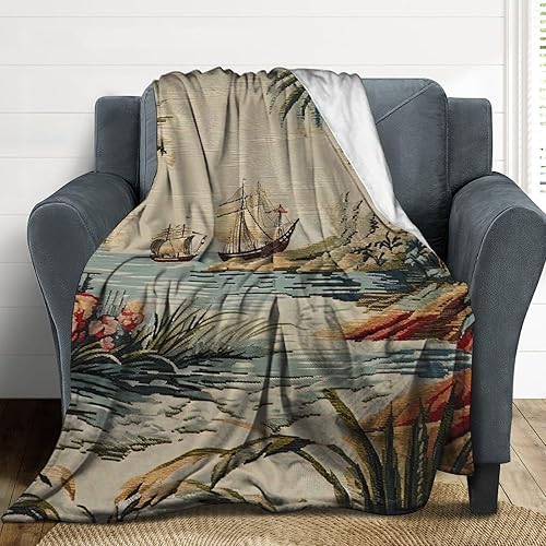 Miniatura 6 de Manta de franela escénica asiática china antigua, manta de lino marrón con pájaros y flores, manta de franela suave y cálida para sofá cama, 30 x 40