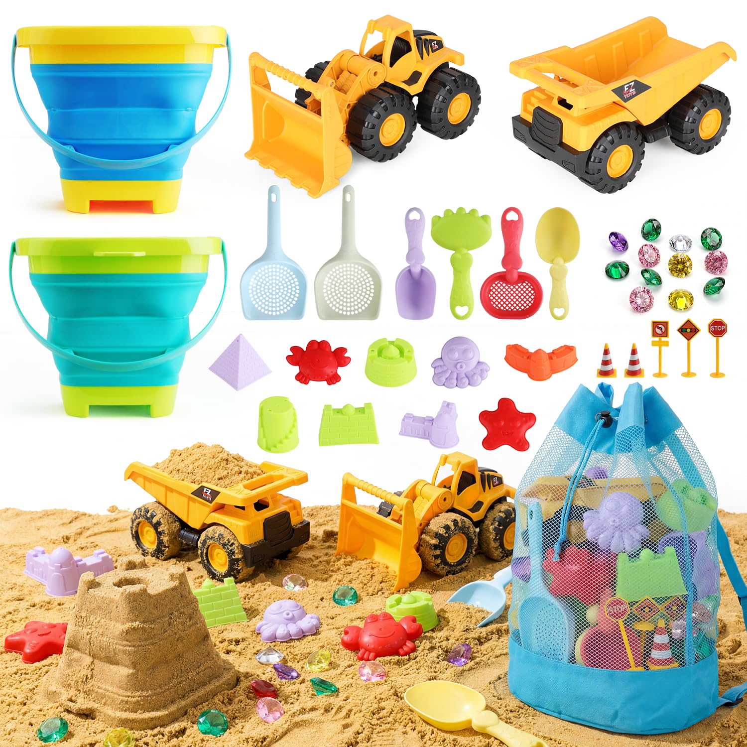 UBeesize 37 Stück Sandspielzeug, Sandkasten Spielzeug mit 2 Faltbarer Eimer Kinder Strandspielzeug Junge Mädchen mit Netztasche Set, 2 Lastwagen und Sandsieb Reise Sandspielzeug Bauen und Schatzsuche