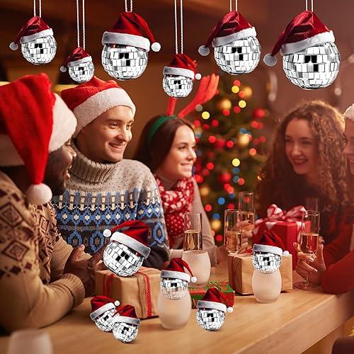 Miniatura 5 de Ferraycle 24 bolas de discoteca plateadas de Navidad con sombrero de Papá Noel, esferas de espejo reflectantes de diferentes tamaños, decoraciones
