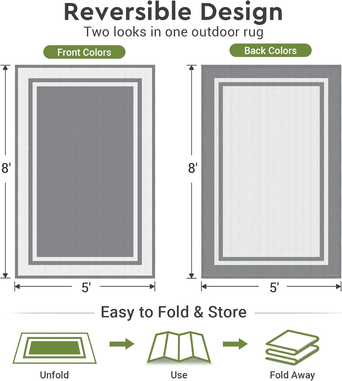Mattitude Outdoor Rug Reversible Portable Plastic Straw Camping Rugs for Outside RV,Large Waterproof Outdoor Area Rugs for Patio,Deck,Porch,Balcony(5'x 8',White&Gray)