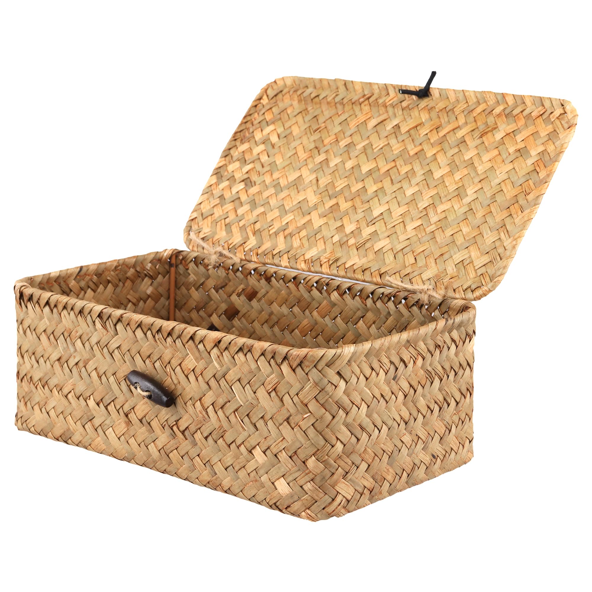 SOUJAP Seagrass Wicker Storage Basket with Lid, Rectangular Woven Organiser Box for Shelves, 23x13x9cm, 1 PCS