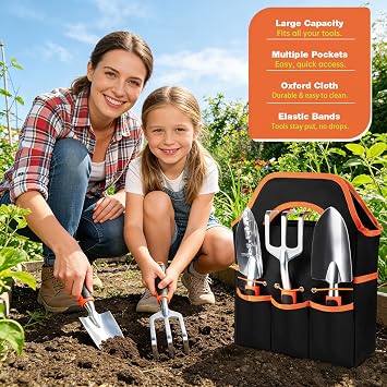 9-Piece Garden Tools Set, Heavy Duty Stainless Steel Kit with Non-Slip Ergonomic Handles & Tote Bag, Rust-Resistant Gardening Supplies for Planting- Gardening Gifts for Women & Men