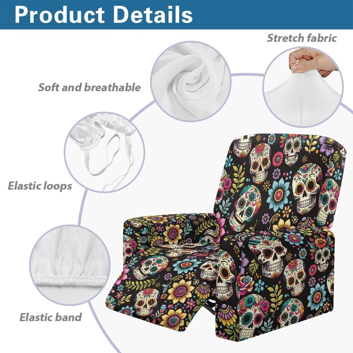 Skull Print Slipcovers for Recliners 4pc Elastic Recliner Chair Covers Sofa Couch Cover Washable Furniture Protector for Pet Kids Easy to Clean