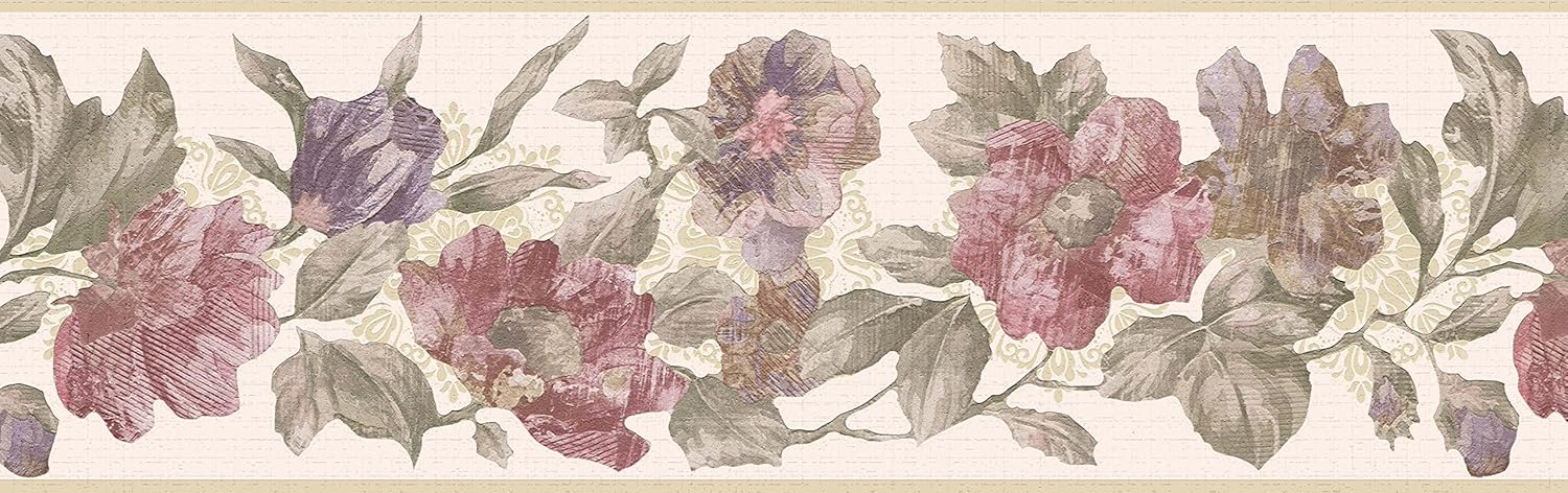 Dundee Deco Wallpaper Border Peel and Stick DDAZBD9196 Floral Pink Purple Green Flowers on Vines Wall Border Retro Design, 15 ft x 7 in (4.57m x 17.78cm), Self Adhesive