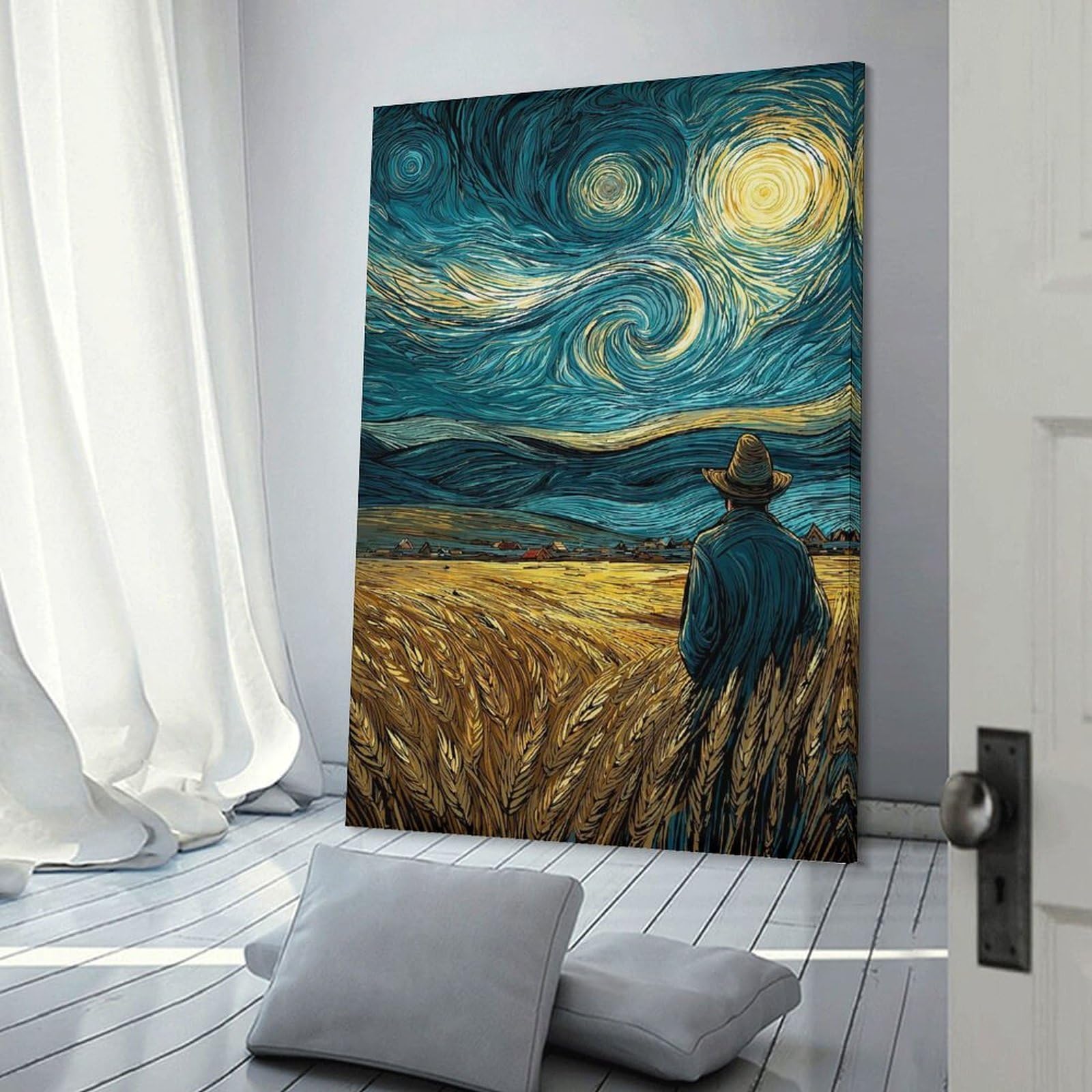 Junmoney Frame-Style-18 Wheatfield Under A Starry Night Room Decor Wall Art 20X30inch(50X75cm), For Lounge Decor, Offices Or Entryway Styling, A Flexible Wall Accent For Shared Spaces