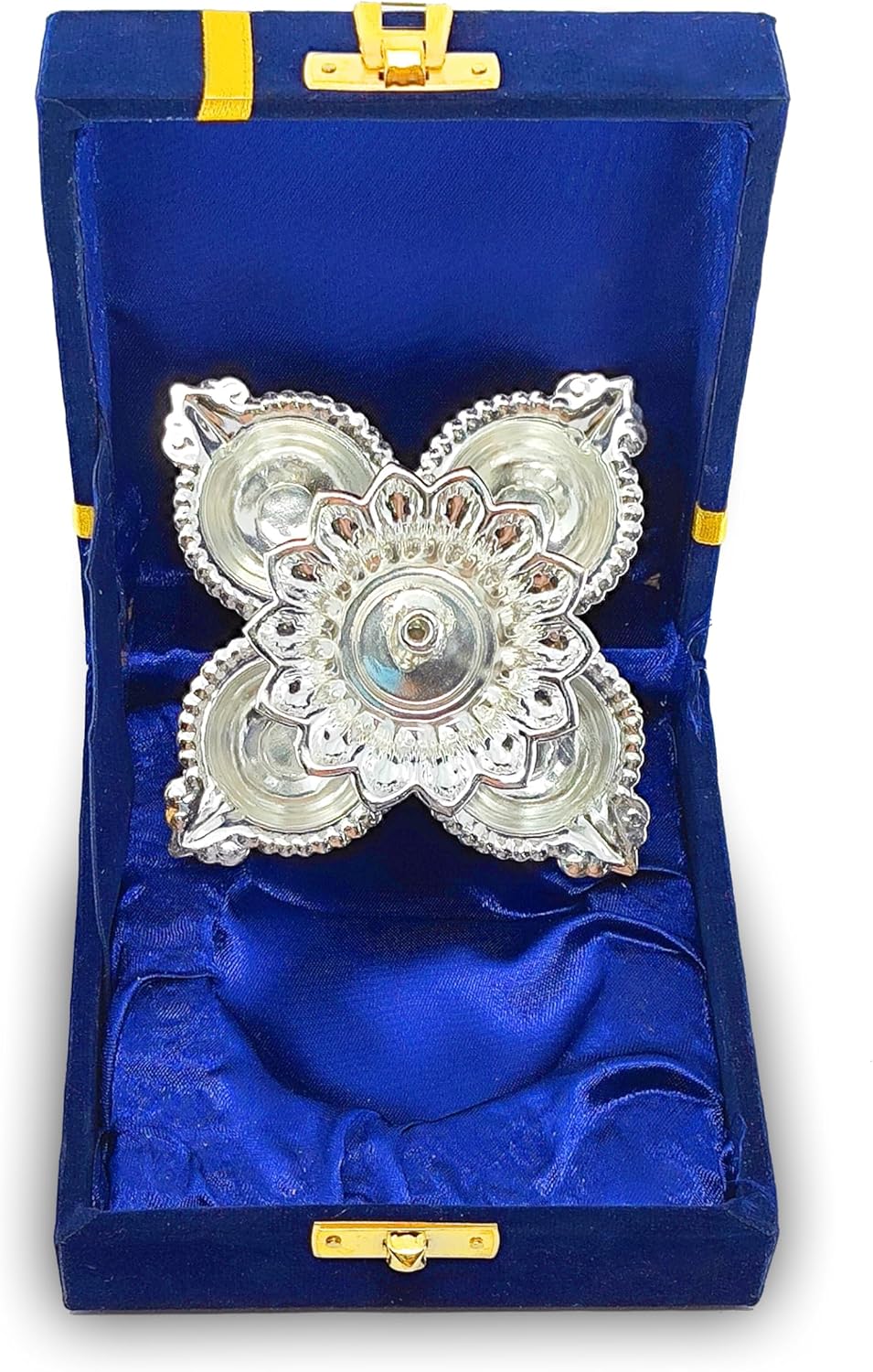Samyuktha German Silver Oil Lamp with Blue Velvet Box Silver Plated Panchmukhi Dia Pooja Items Home Decoration Puja Gifts Handmade Diwali Gift Traditional Indian Dhanteras Deepawali Upahaar