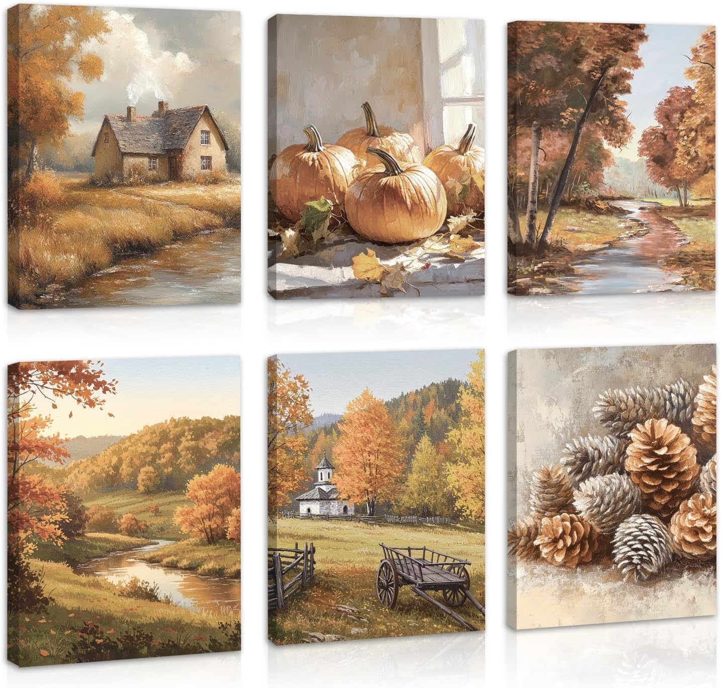 CHDITB 6 Stück Herbst Wandkunst,Herbst Saisonale Aesthetic Kunstdruck Bild,Natur Fall Wald Wanddekoration,Vintage Tannenzapfen Kürbis Blätter Wandbilder,Wohnzimmer Küche Dekoration(20x25cm)