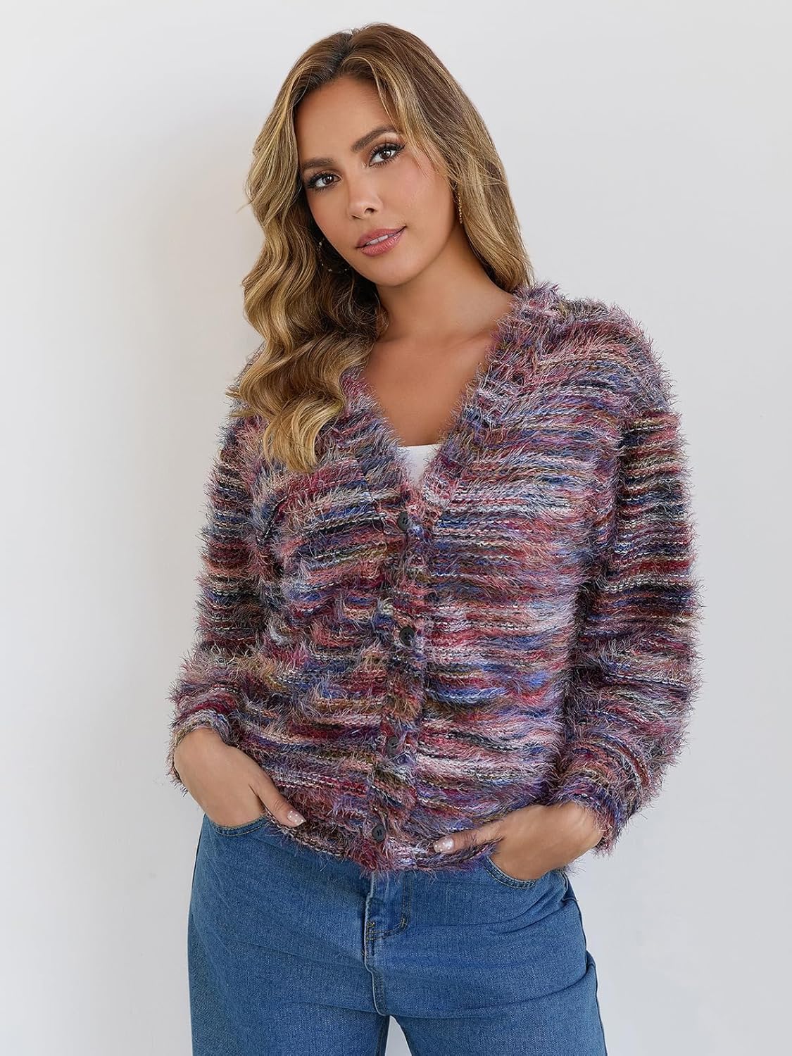 QIANXIZHAN Women's Fuzzy Cardigan, V Neck Knit Button Cardigans Fall Outfits for Women 2025 - Image 3