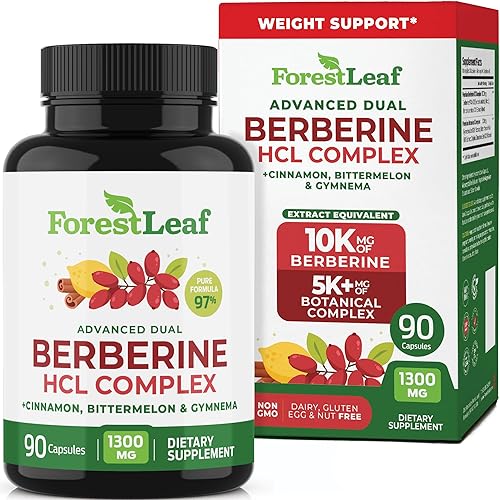 Suplemento de berberina de 1300 mg por porción, 97% probado ultra alta potencia berberina HCl con canela de Ceilán, melón amargo y gimnasia,