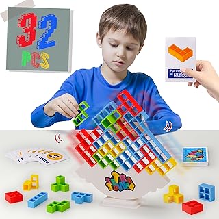 WOWNOVA 32PCS Tetra Tower Stacking Building Balance Block Game Toys for Kids, Adults & Family Game Night, Balancing Blocks Board Games Stacking Fun Toy for Children, Teens, Adults, Friends, Parties