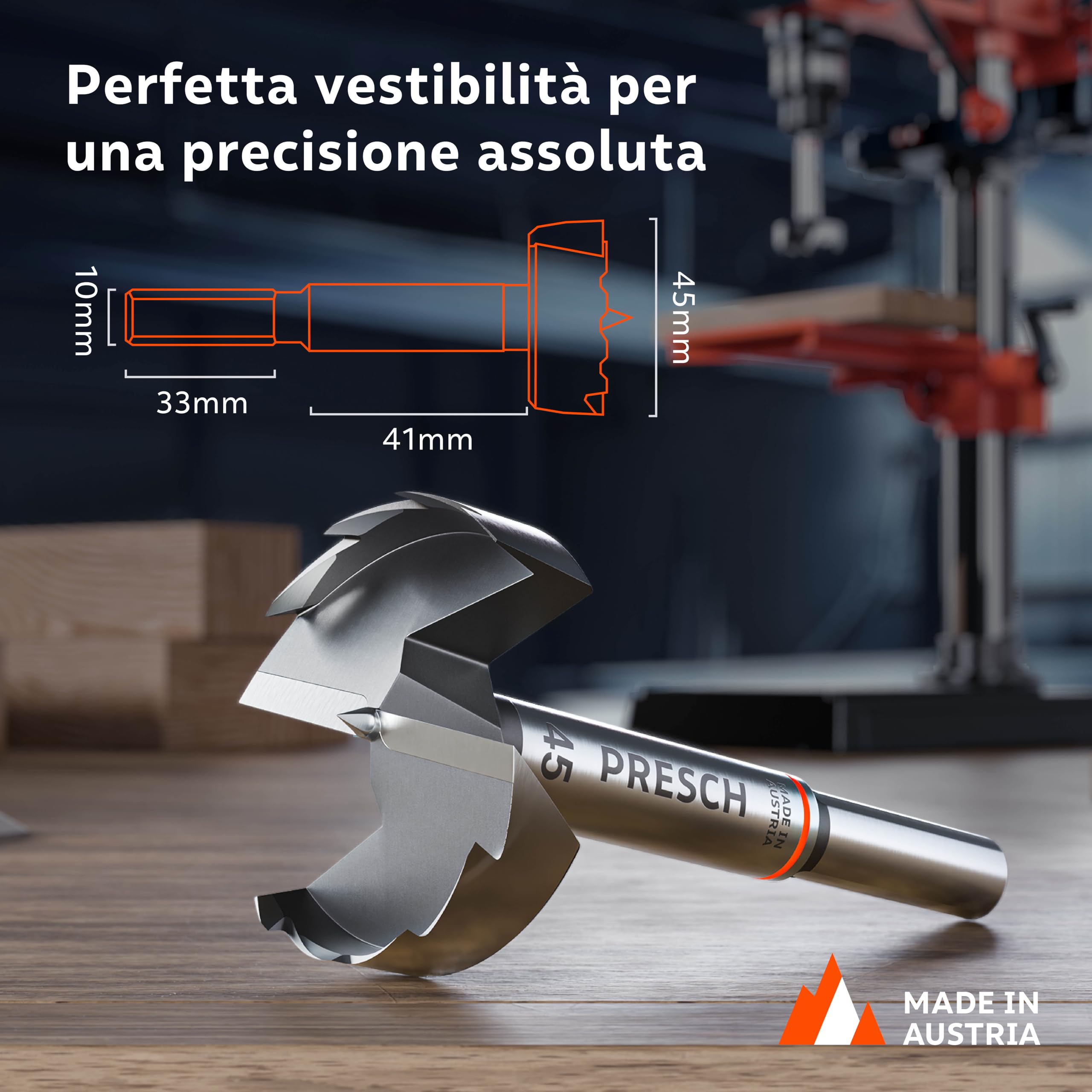 Presch Punta Forstner Ø 45mm - Punta per legno di alta qualità e durata con taglienti estremamente affilati - Punta centrale precisa per una perfetta concentricità