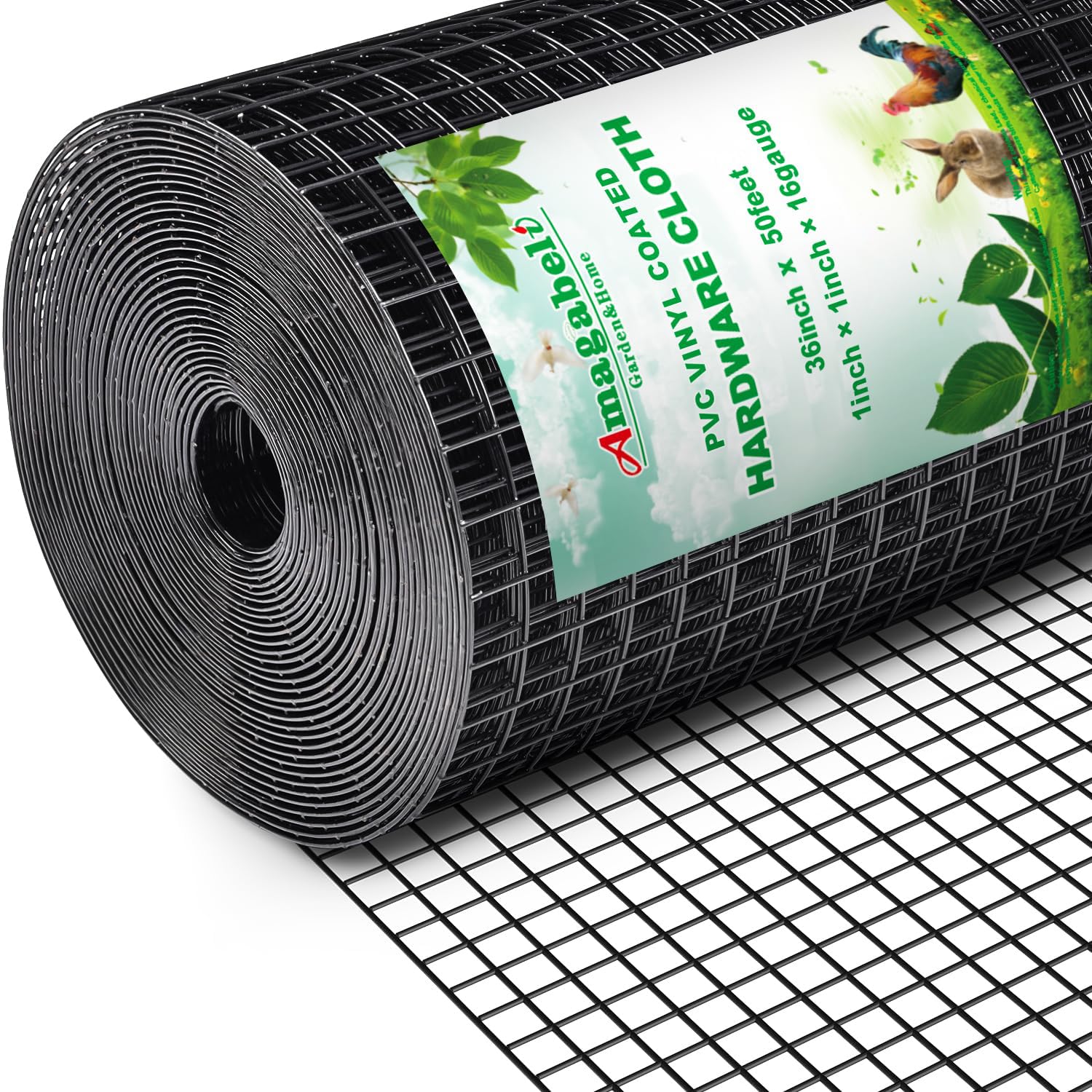 AMAGABELI GARDEN & HOME Black Hardware Cloth 1 x 1 inch 36inch x 50ft PVC Vinyl Coated Wire Mesh Roll Weld Wire Fence Chicken 16 Gauge Garden Fence Chicken Coop Wire Fencing Gopher Rabbit Tree Guard