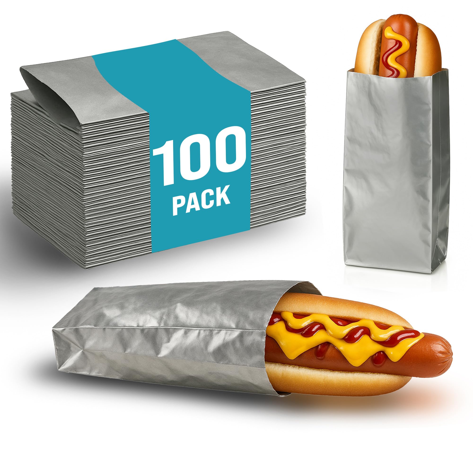 C&S Event Supply Co. Silver Foil Hot Dog Sleeves - 9'' Unprinted Hot Dog Wrappers - Grease Resistance Food Bags to Keep Food Hot and Non-Messy - Disposable Hot Bags for Fast Food and Food Truck (100)