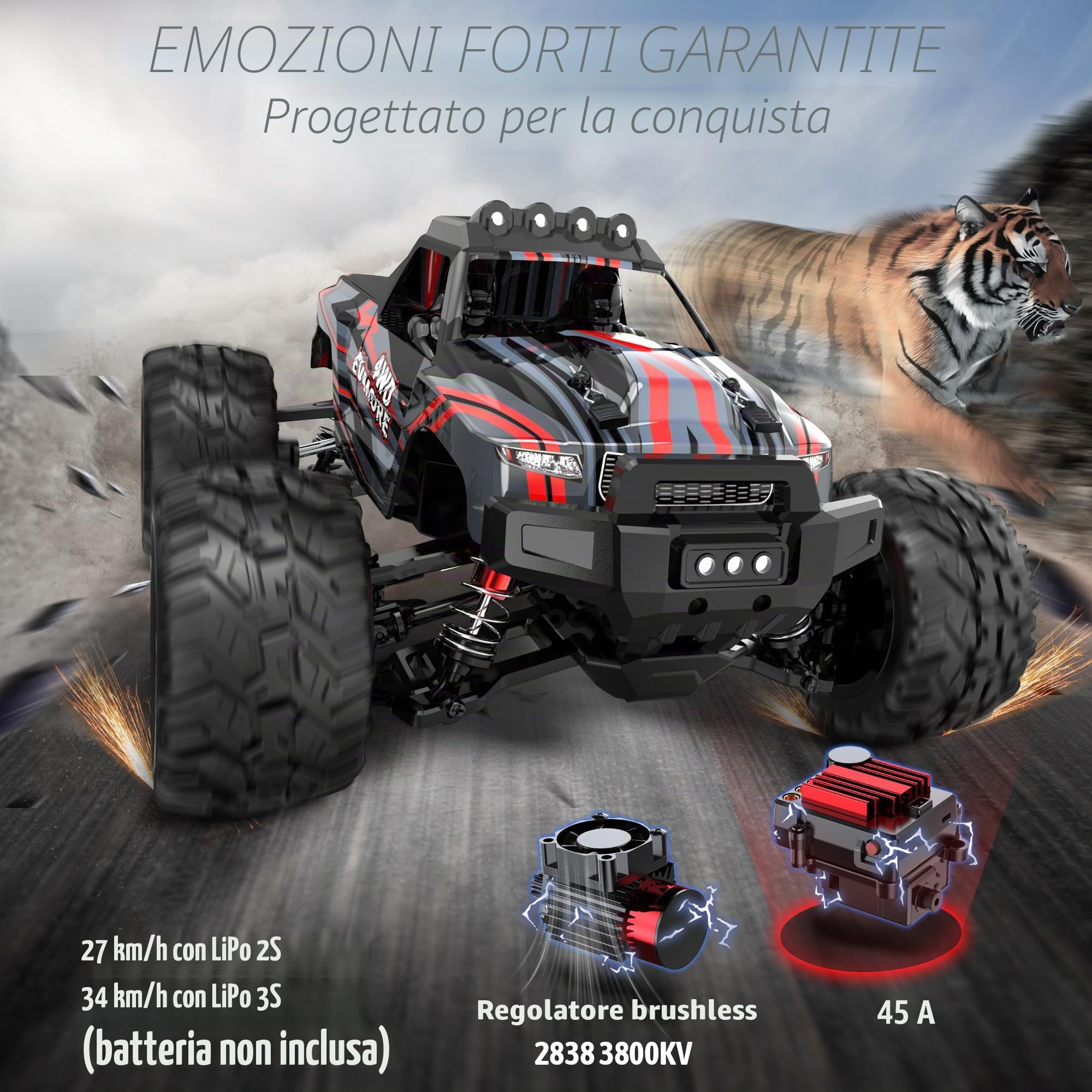 Evmore 1:16 Camion Telecomandato Professionale, Velocità massima 55 km/h, Macchina Radiocomandata, Auto RC 4x4 per Tutti i Terreni, Trasmissione in Metallo e 2 Batterie Ricaricabili da 1200 mAh