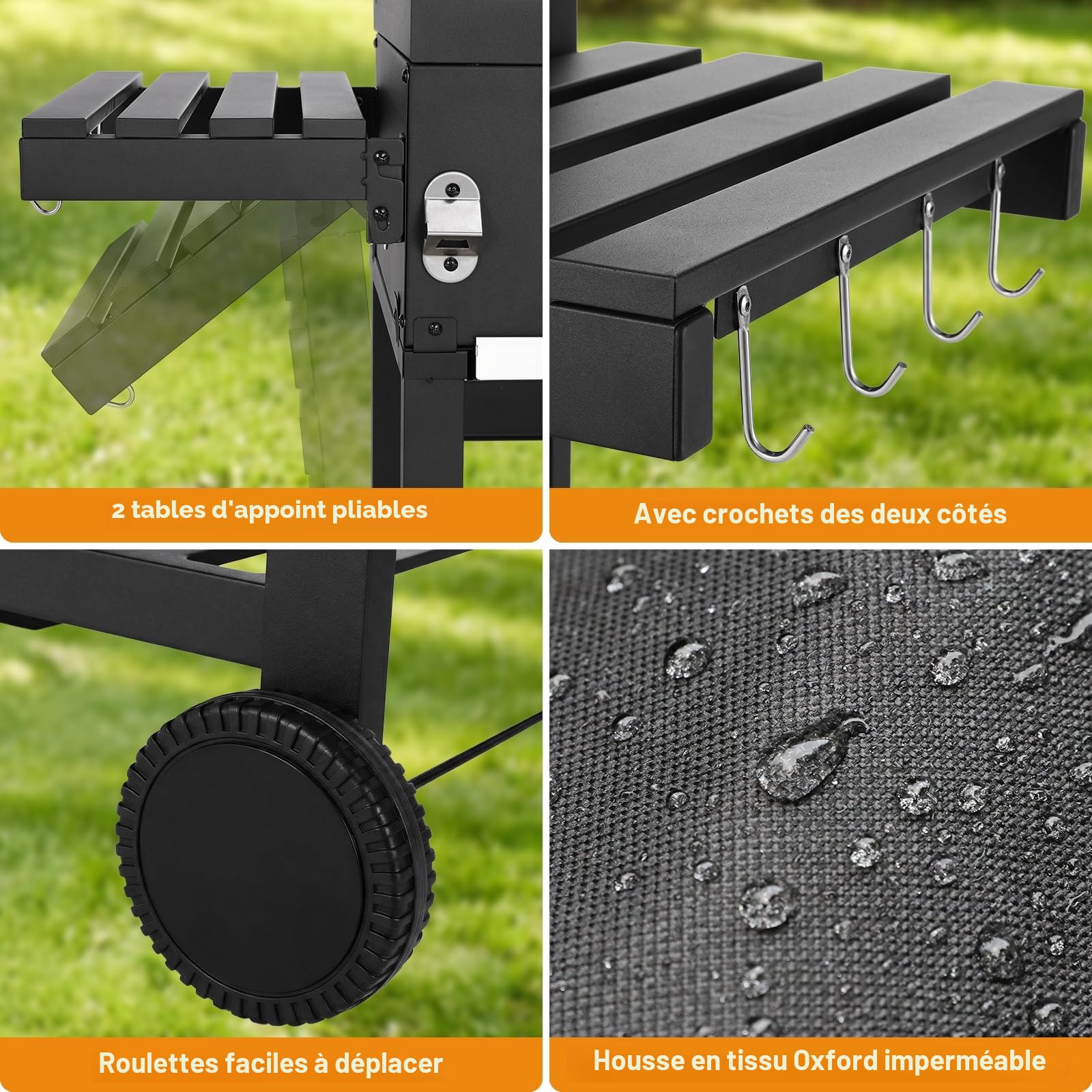 LIFERUN Barbecue Charbon XXL avec Couvercle, Grand Chariot Barbecue avec Housse étanche, Thermomètre, Roues, Cendrier Extractible, Gril Réglable en Hauteur, Fumoir BBQ, Smoker pour Camping et Jardin