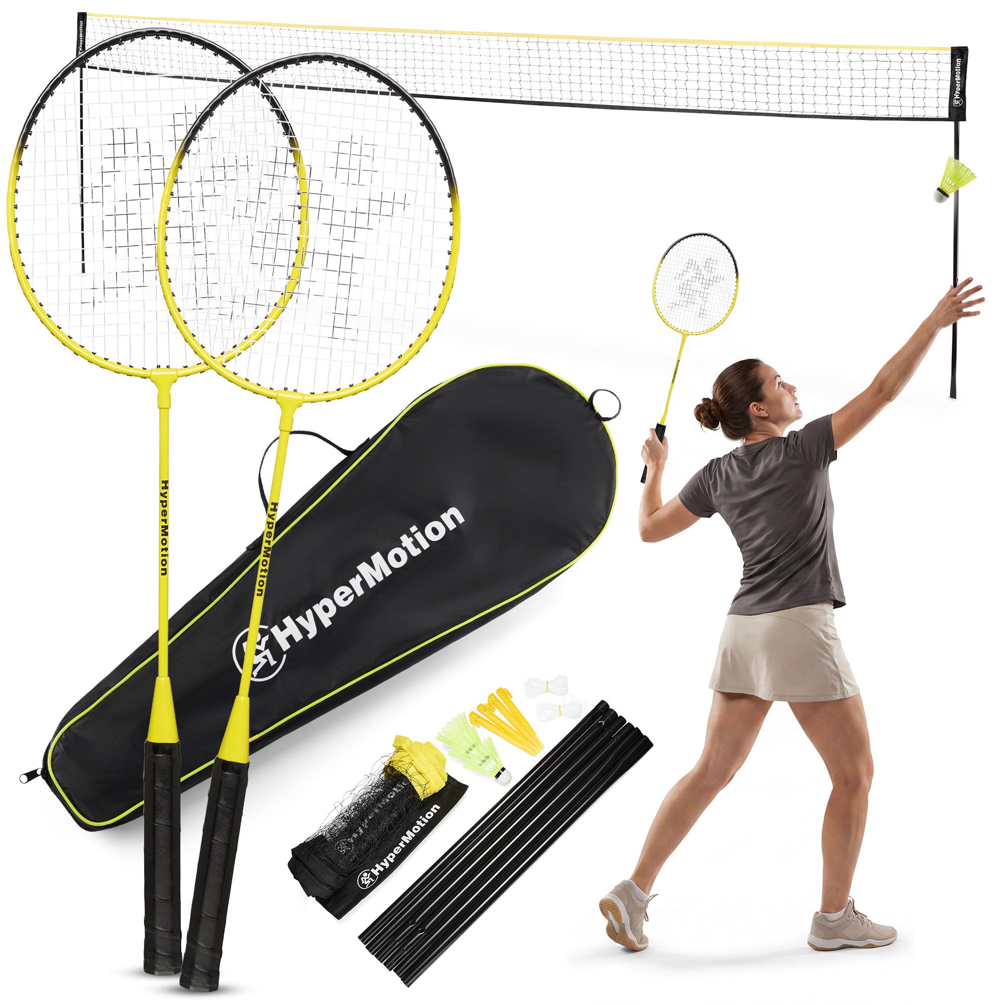 HyperMotion Badminton Set mit 2 Stahlschlägern und Tragetasche aus Oxford-Gewebe, Freizeitspiel für Garten, Park und Strand, Einsteiger