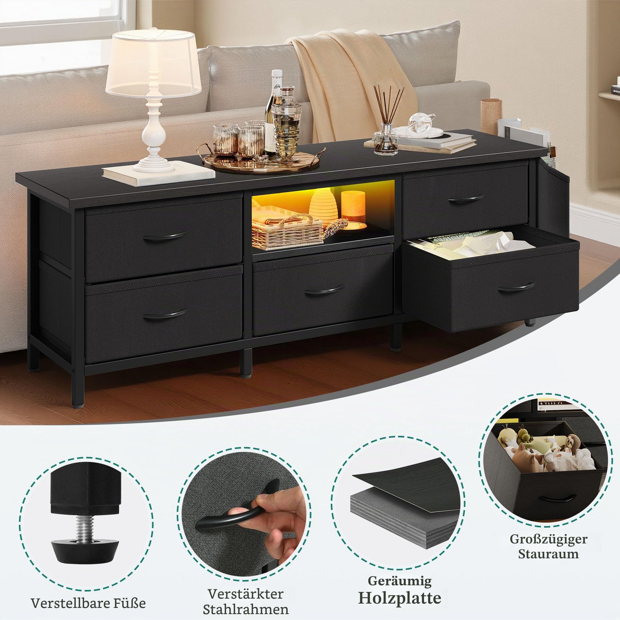 YITAHOME TV-Schrank, TV-Ständer für Wohnzimmer mit 5 faltbaren Schubladen und Regalen, TV-Ständer mit RGB-LED-beleuchtetem TV-Entertainment-Center mit Schrank, 145 x 35 x 50 cm, Schwarz