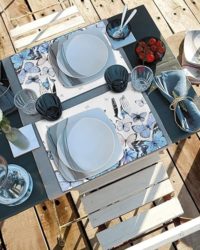 Miniatura 4 de Juego de 4 manteles individuales de color azul degradado, diseño elegante de granja, tejido artístico, lavable, lavable, lavable, con bolsillo,