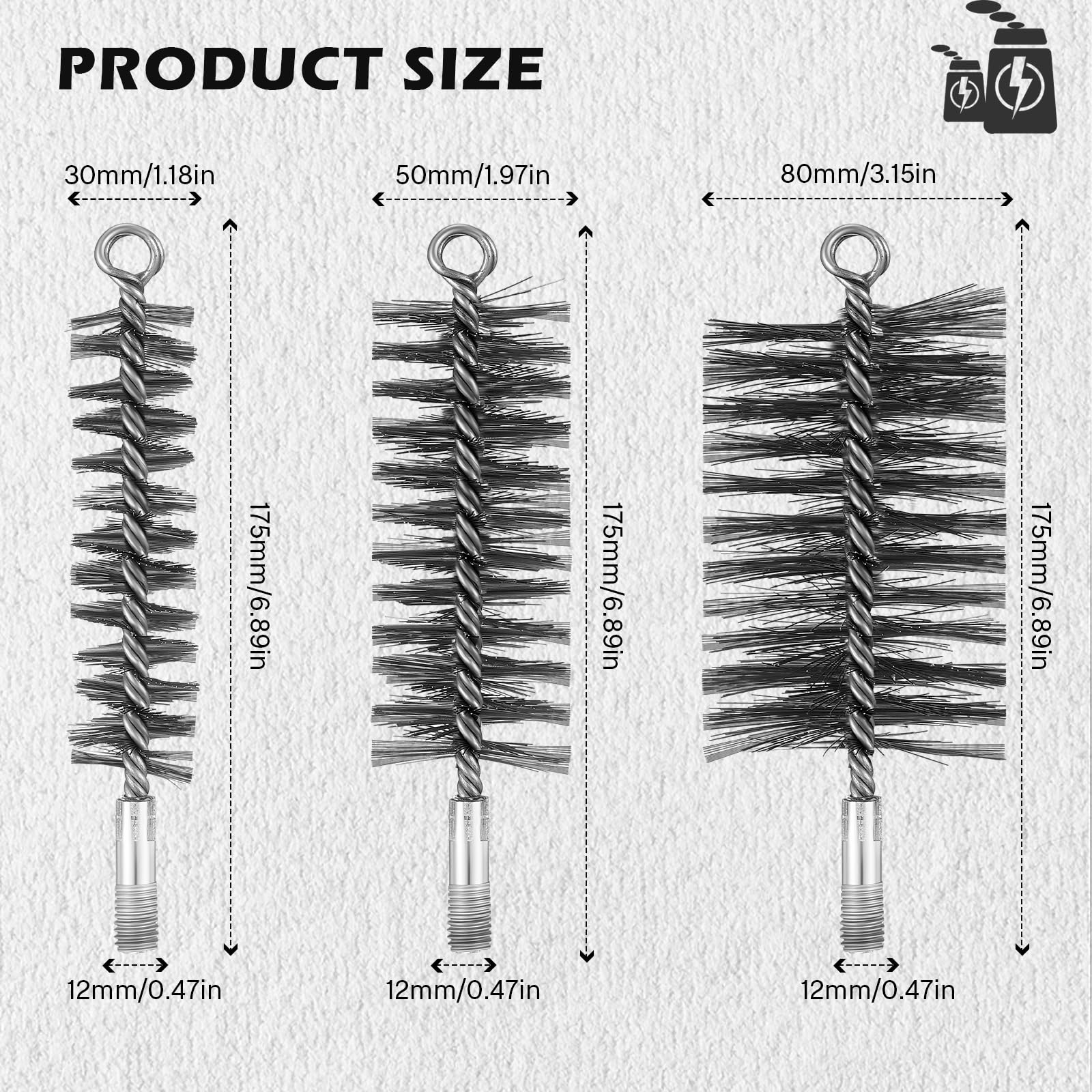 Set 3 Spazzole Per Pulizia Camini E Tubi - Diametri 30mm, 50mm, 80mm In Acciaio - Foto 9