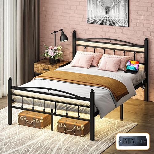 Miniatura 6 de Marco de cama tamaño completo con cabecero, marco de cama de plataforma de metal con estación de carga y luces LED, espacio de almacenamiento de 12